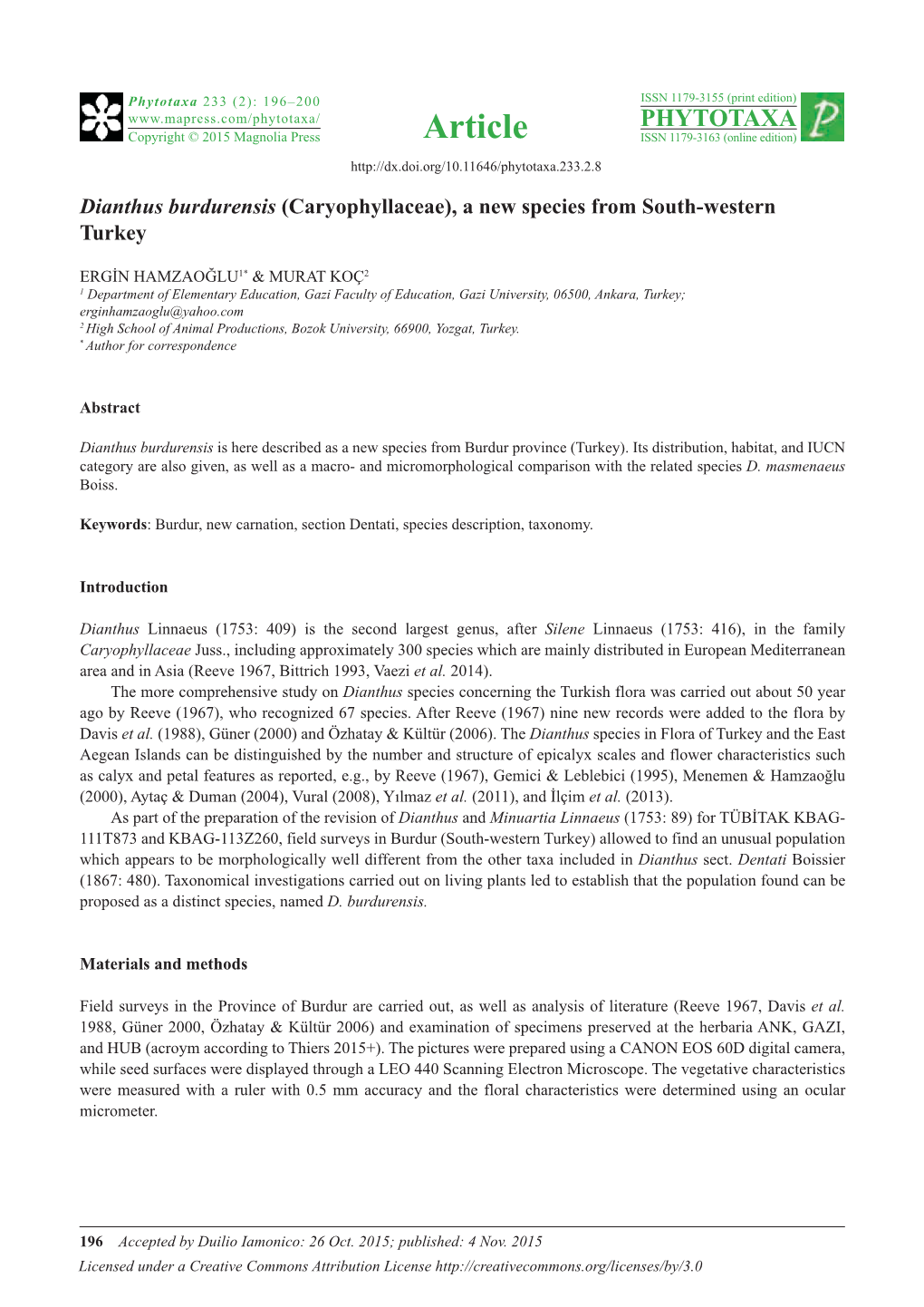 Dianthus Burdurensis (Caryophyllaceae), a New Species from South-Western Turkey