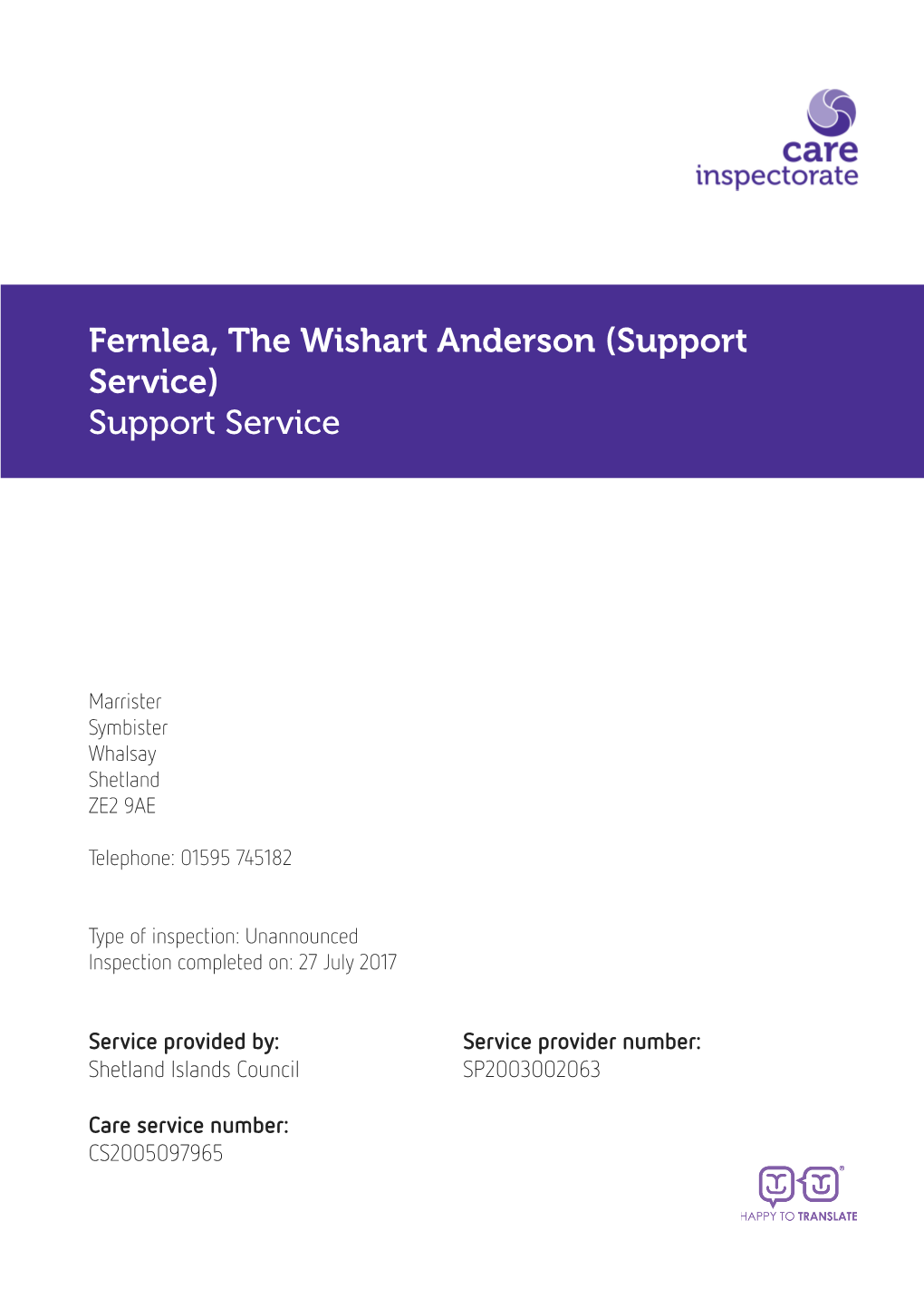 Fernlea, the Wishart Anderson (Support Service) Support Service