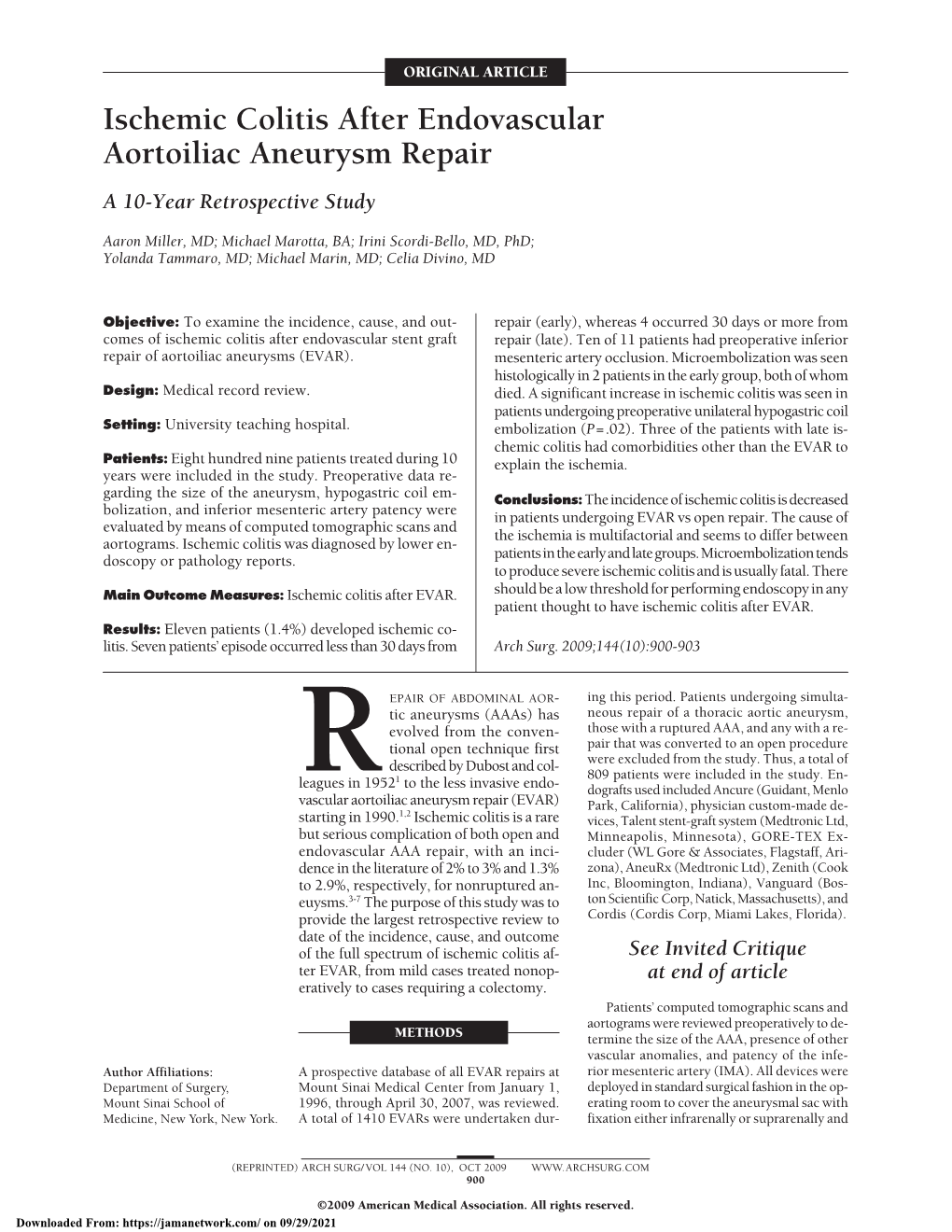 Ischemic Colitis After Endovascular Aortoiliac Aneurysm Repair a 10-Year Retrospective Study