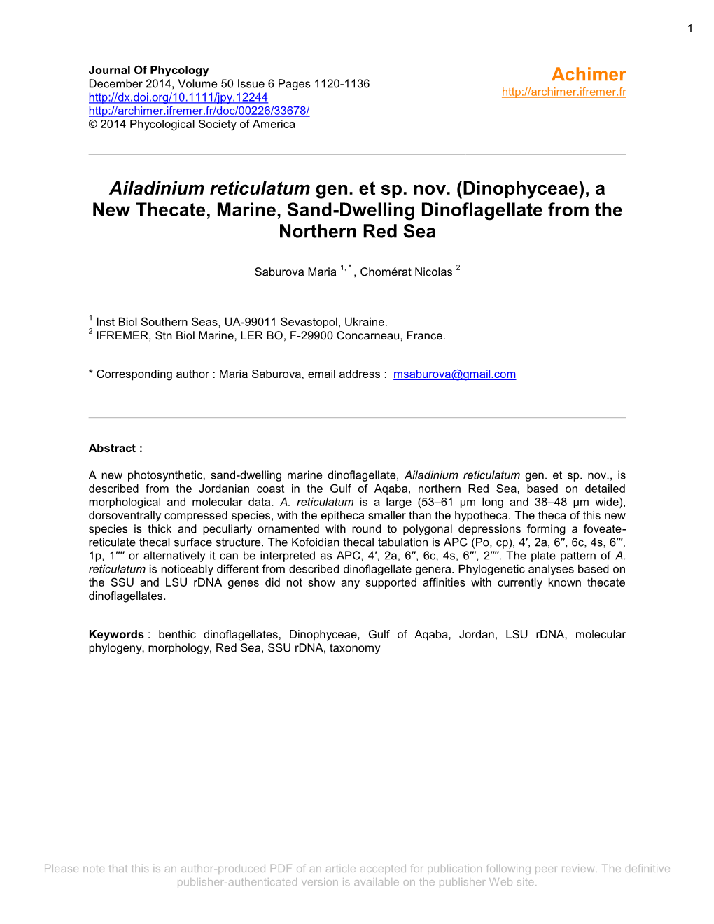 Ailadinium Reticulatum Gen. Et Sp. Nov. (Dinophyceae), a New Thecate, Marine, Sand-Dwelling Dinoflagellate from the Northern Red Sea