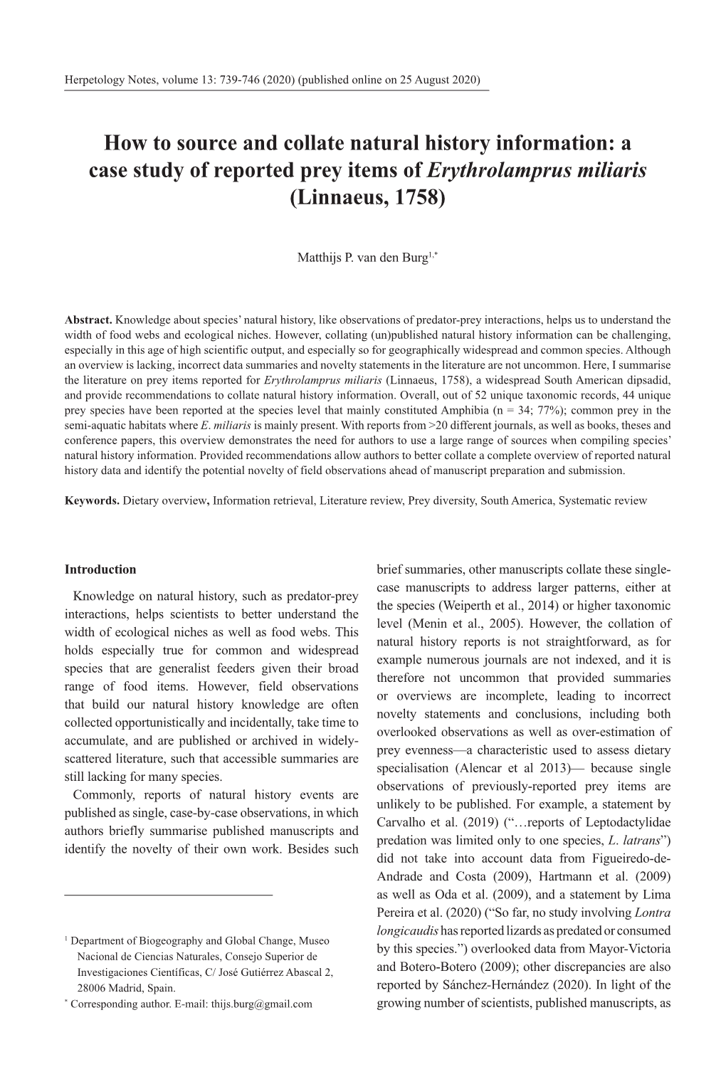 How to Source and Collate Natural History Information: a Case Study of Reported Prey Items of Erythrolamprus Miliaris (Linnaeus, 1758)