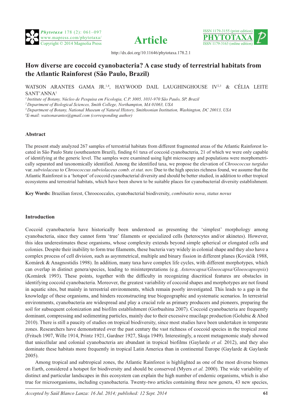 How Diverse Are Coccoid Cyanobacteria? a Case Study of Terrestrial Habitats from the Atlantic Rainforest (São Paulo, Brazil)