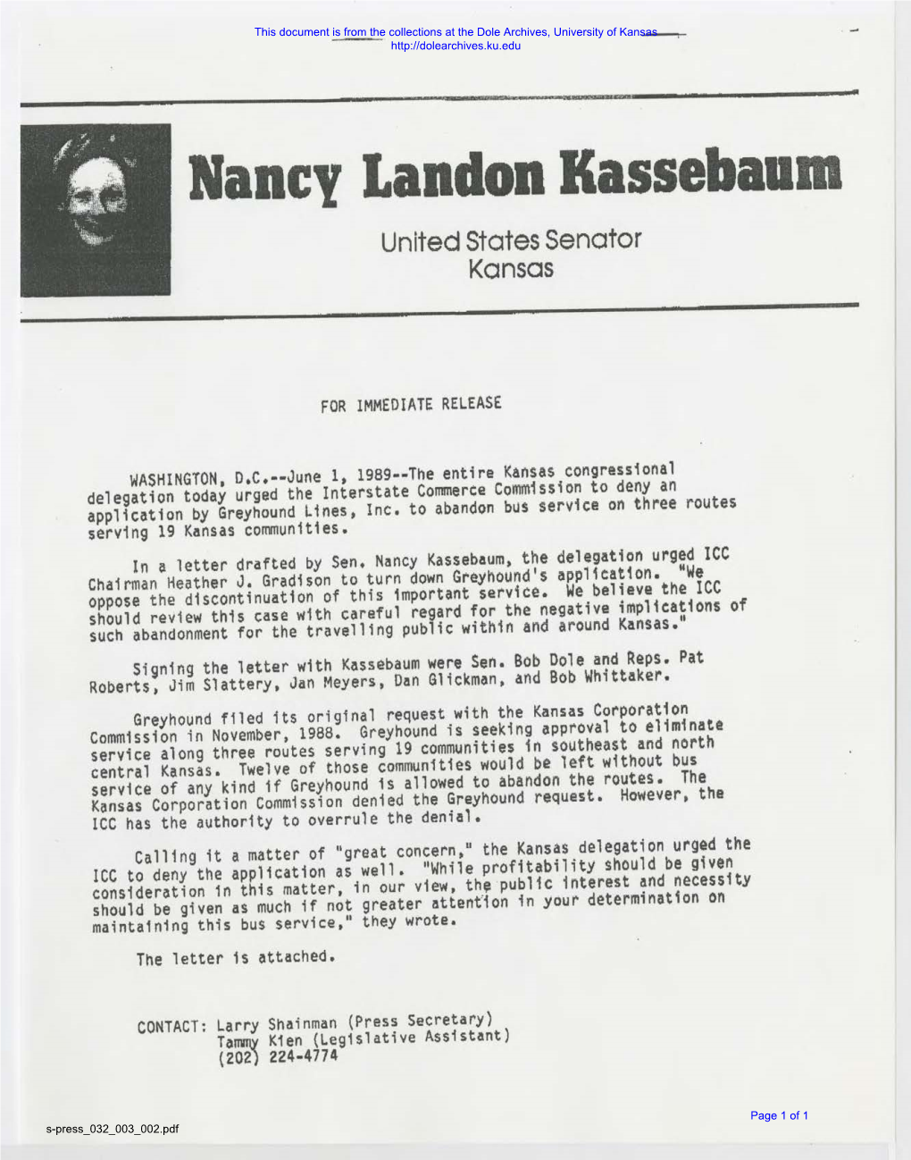 Nancy Landon Kassebaum United States Senator Kansas