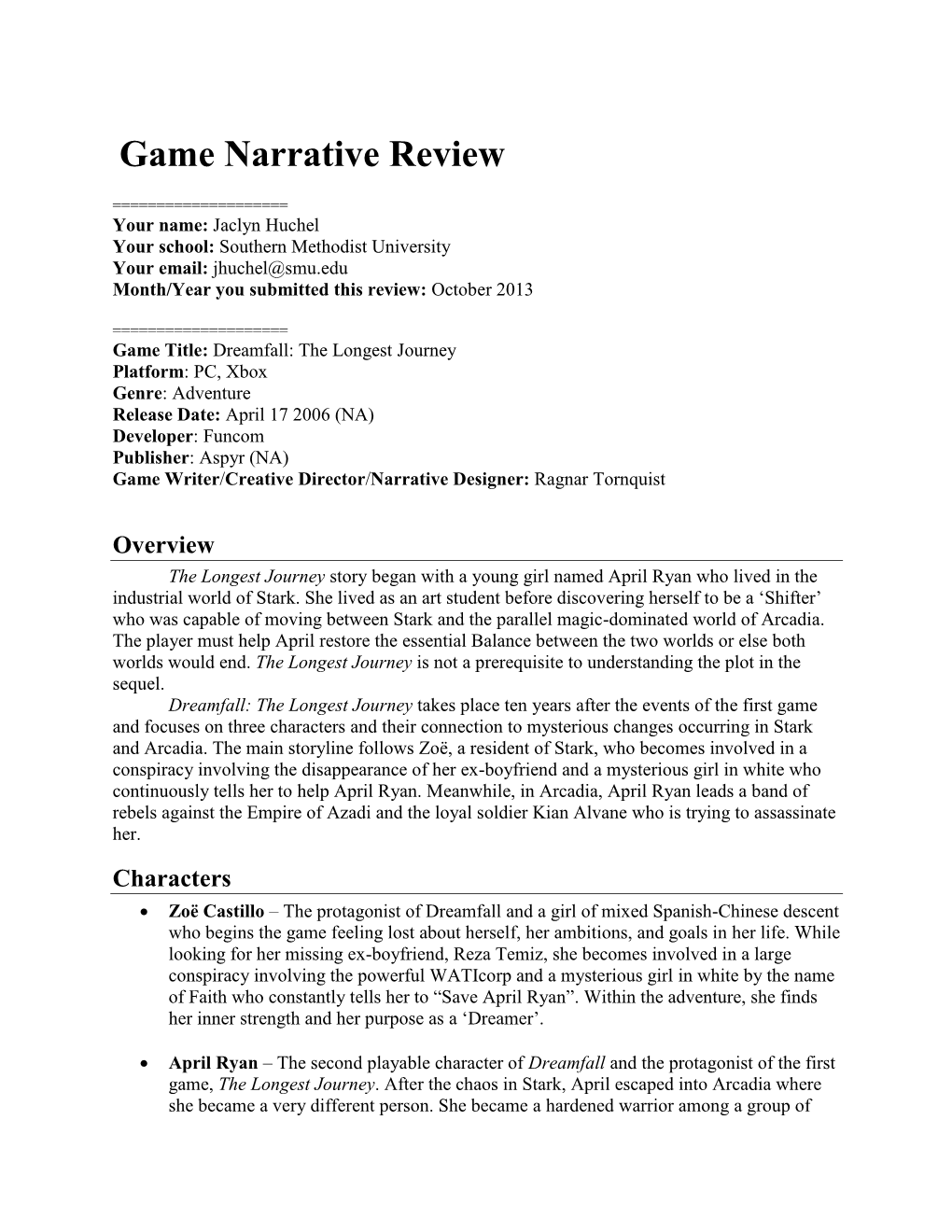 Game Narrative Review