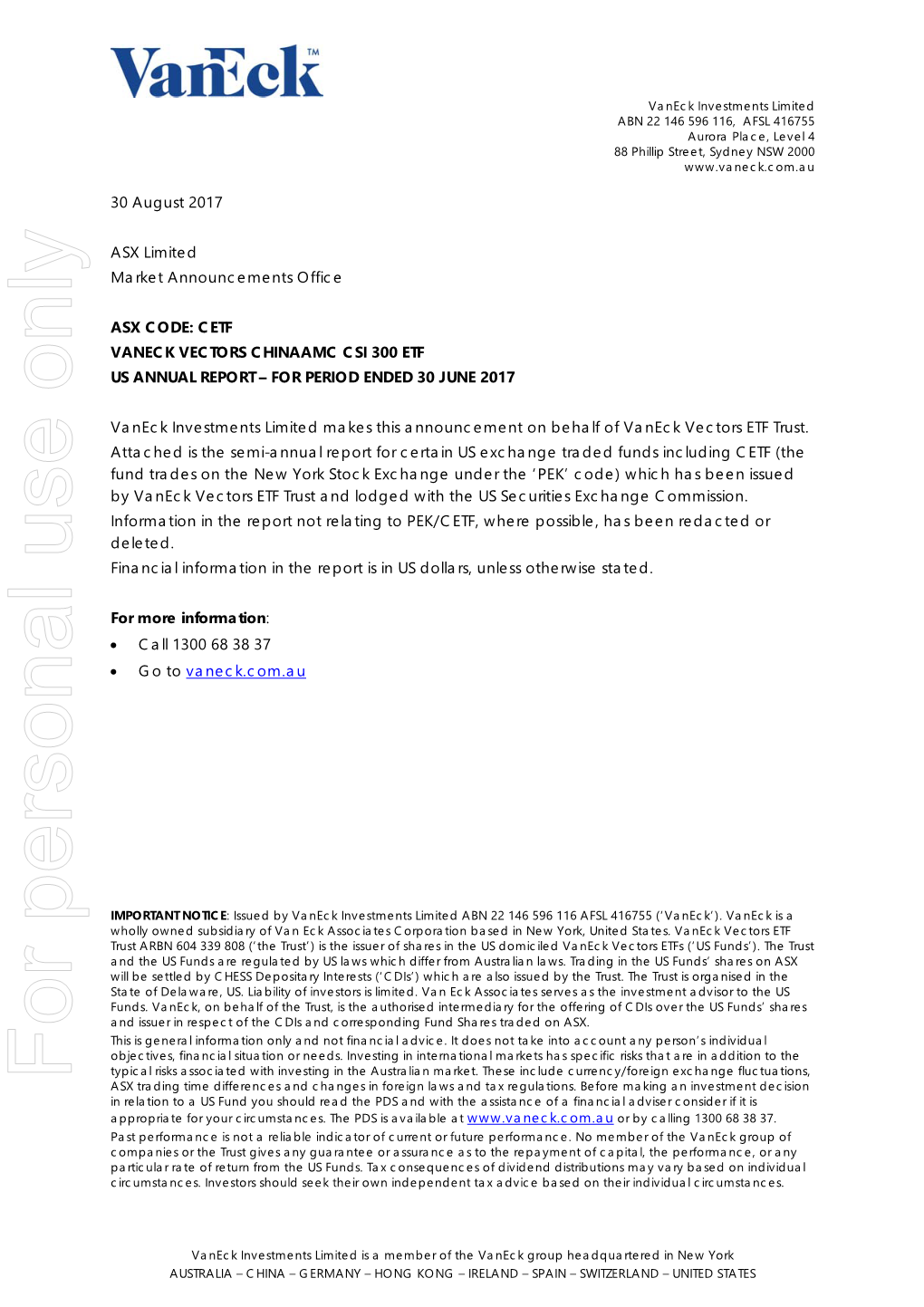 For Personal Use Only Use Personal for ASX Trading Time Differences and Changes in Foreign Laws and Tax Regulations