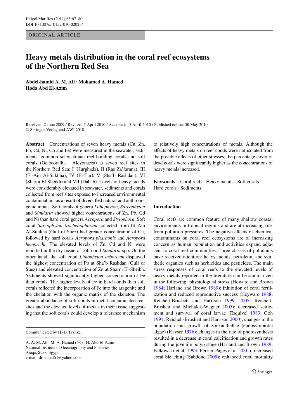 Heavy Metals Distribution in the Coral Reef Ecosystems of the Northern Red Sea