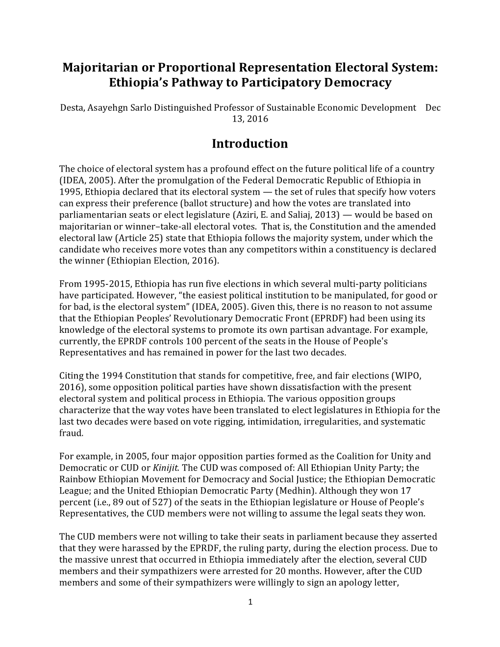 Majoritarian Or Proportional Representation Electoral System: Ethiopia’S Pathway to Participatory Democracy