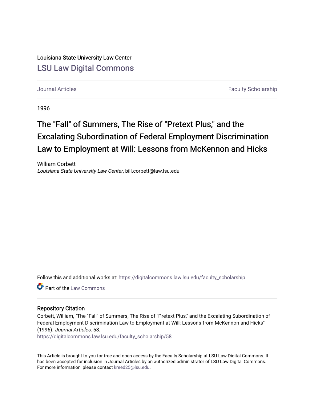 And the Excalating Subordination of Federal Employment Discrimination Law to Employment at Will: Lessons from Mckennon and Hicks