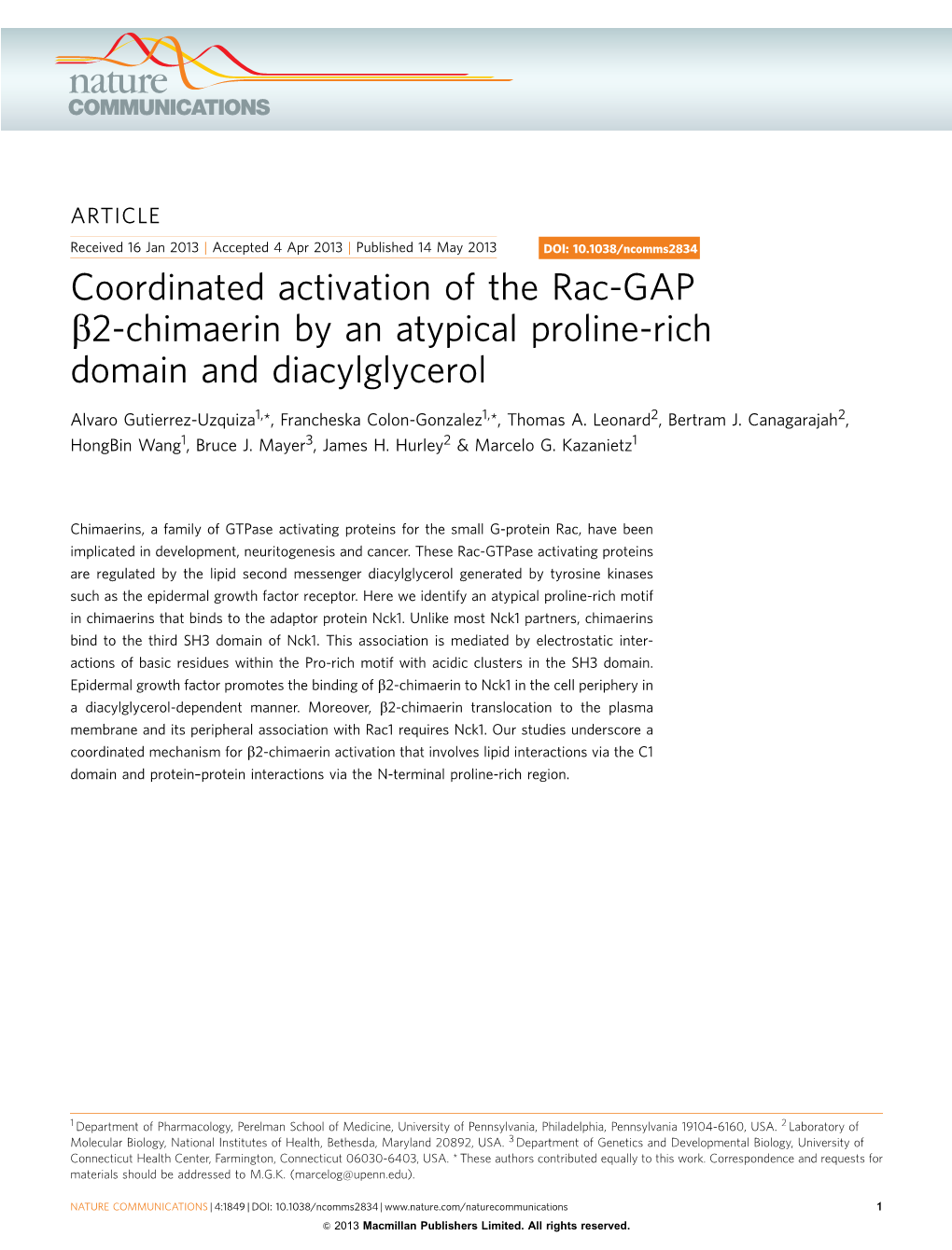 Coordinated Activation of the Rac-GAP &Beta;2-Chimaerin by an Atypical Proline-Rich Domain and Diacylglycerol