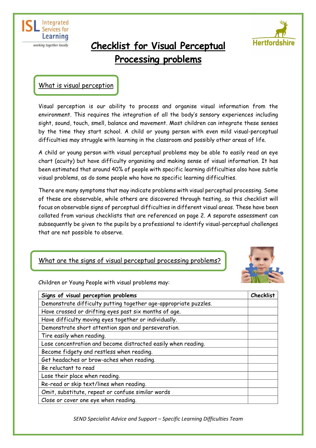 Checklist for Visual Perceptual Processing Problems