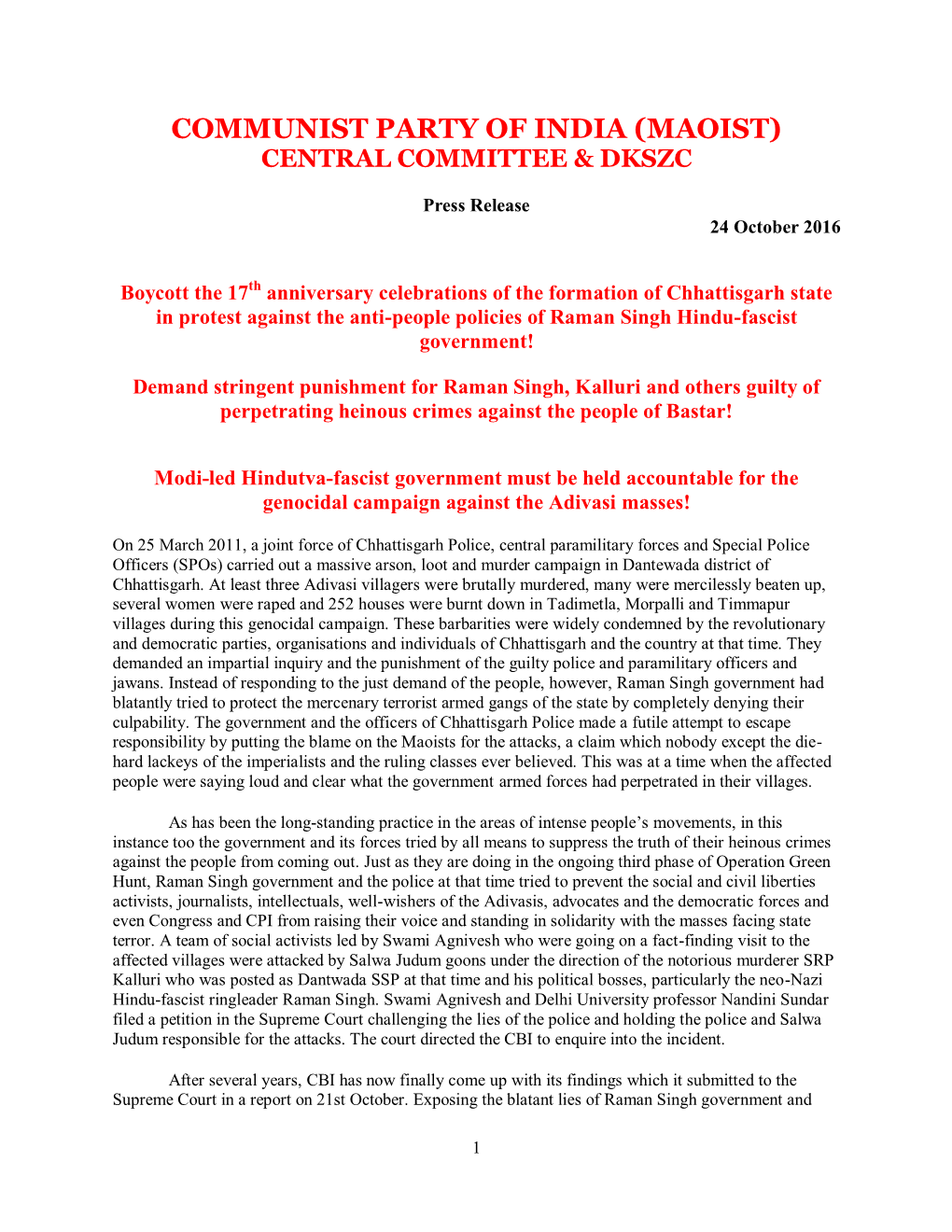 Communist Party of India (Maoist) Central Committee & Dkszc