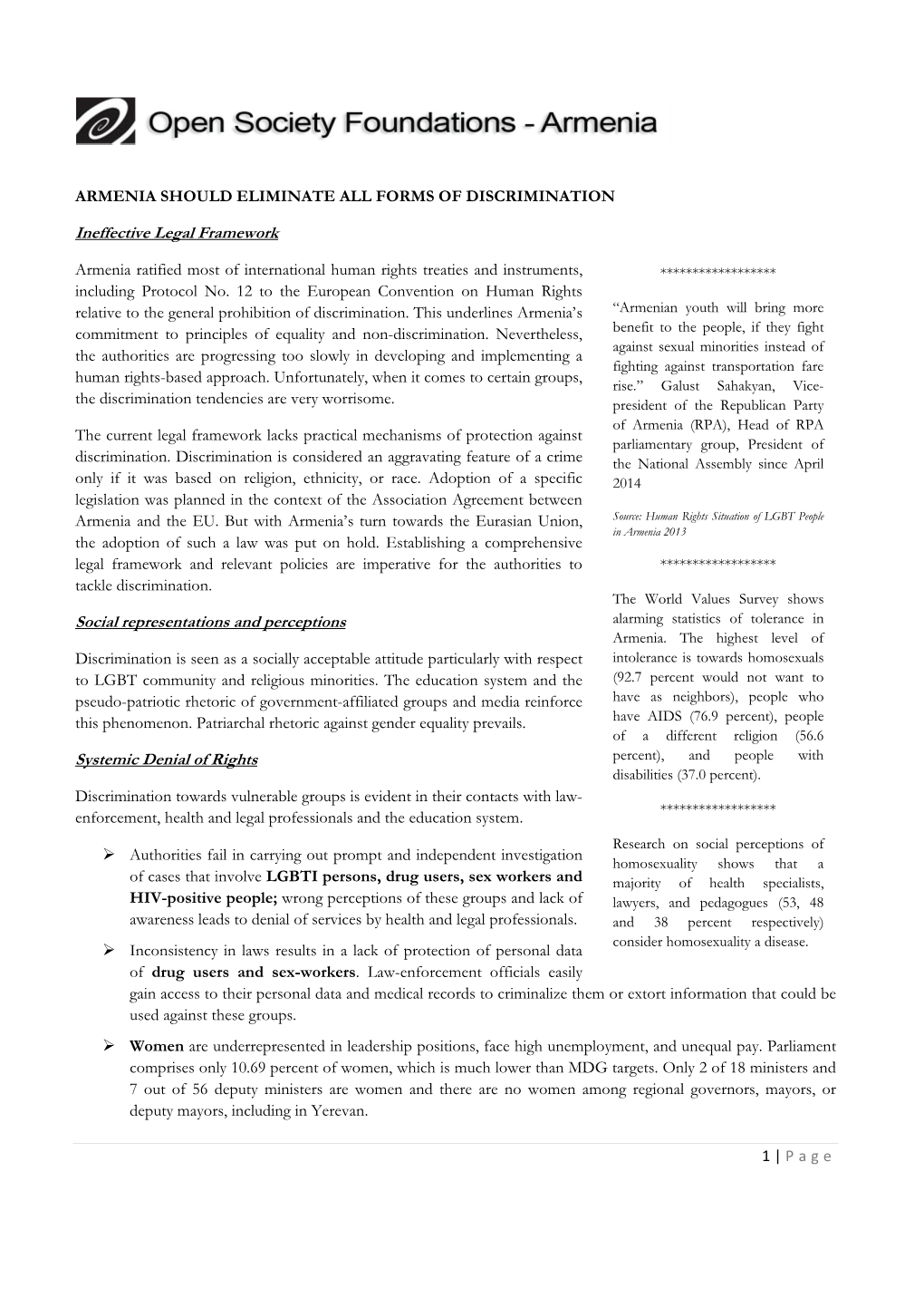 OSF-Armenia Briefer Non-Discrimination