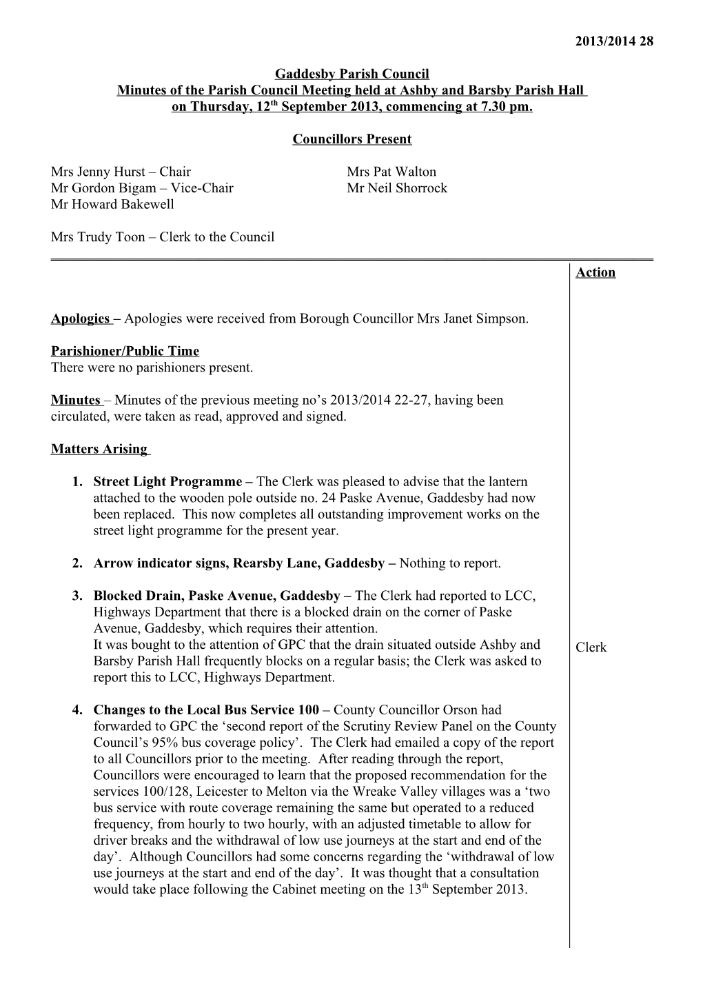 Minutes of the Parish Council Meeting Held at Ashby and Barsby Parish Hall