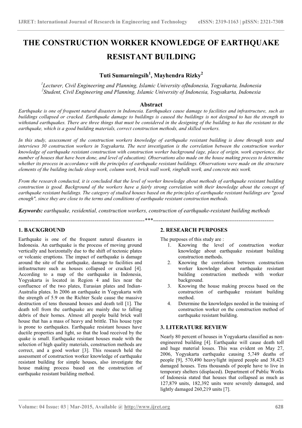 The Construction Worker Knowledge of Earthquake Resistant Building