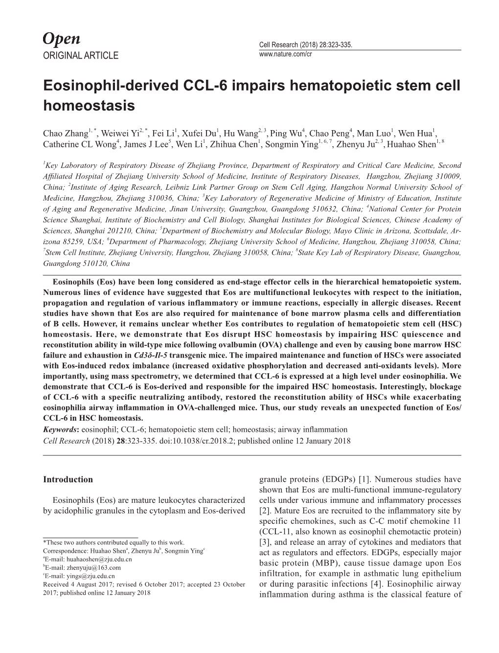 Eosinophil-Derived CCL-6 Impairs Hematopoietic Stem Cell Homeostasis