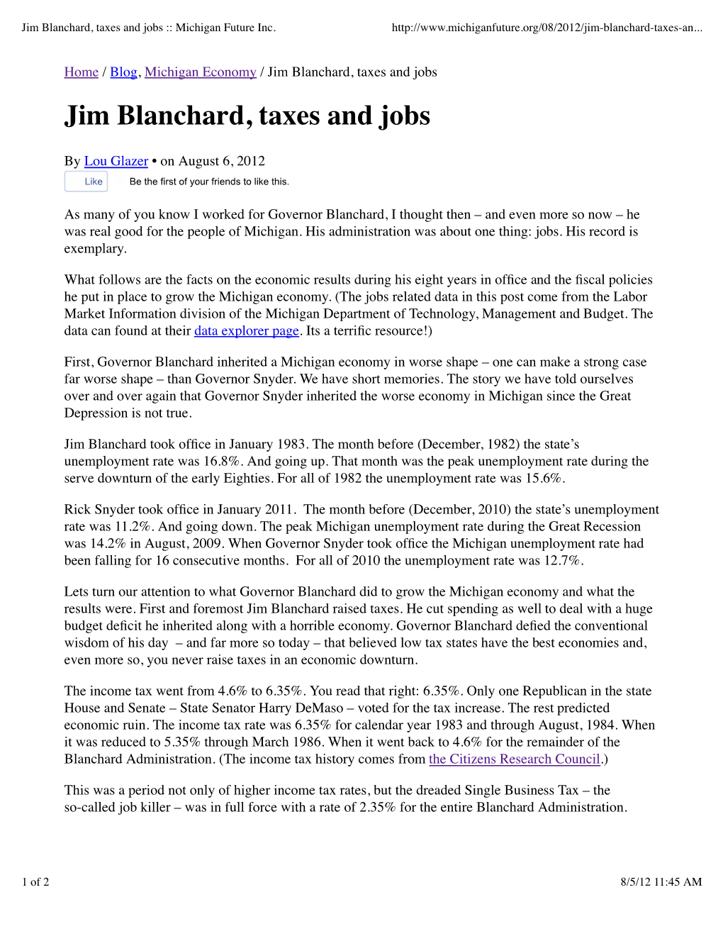 Preview of “Jim Blanchard, Taxes and Jobs -- Michigan Future Inc.”