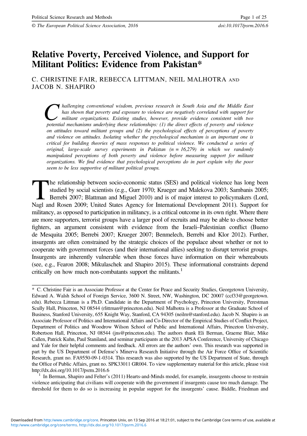 Relative Poverty, Perceived Violence, and Support for Militant Politics: Evidence from Pakistan*