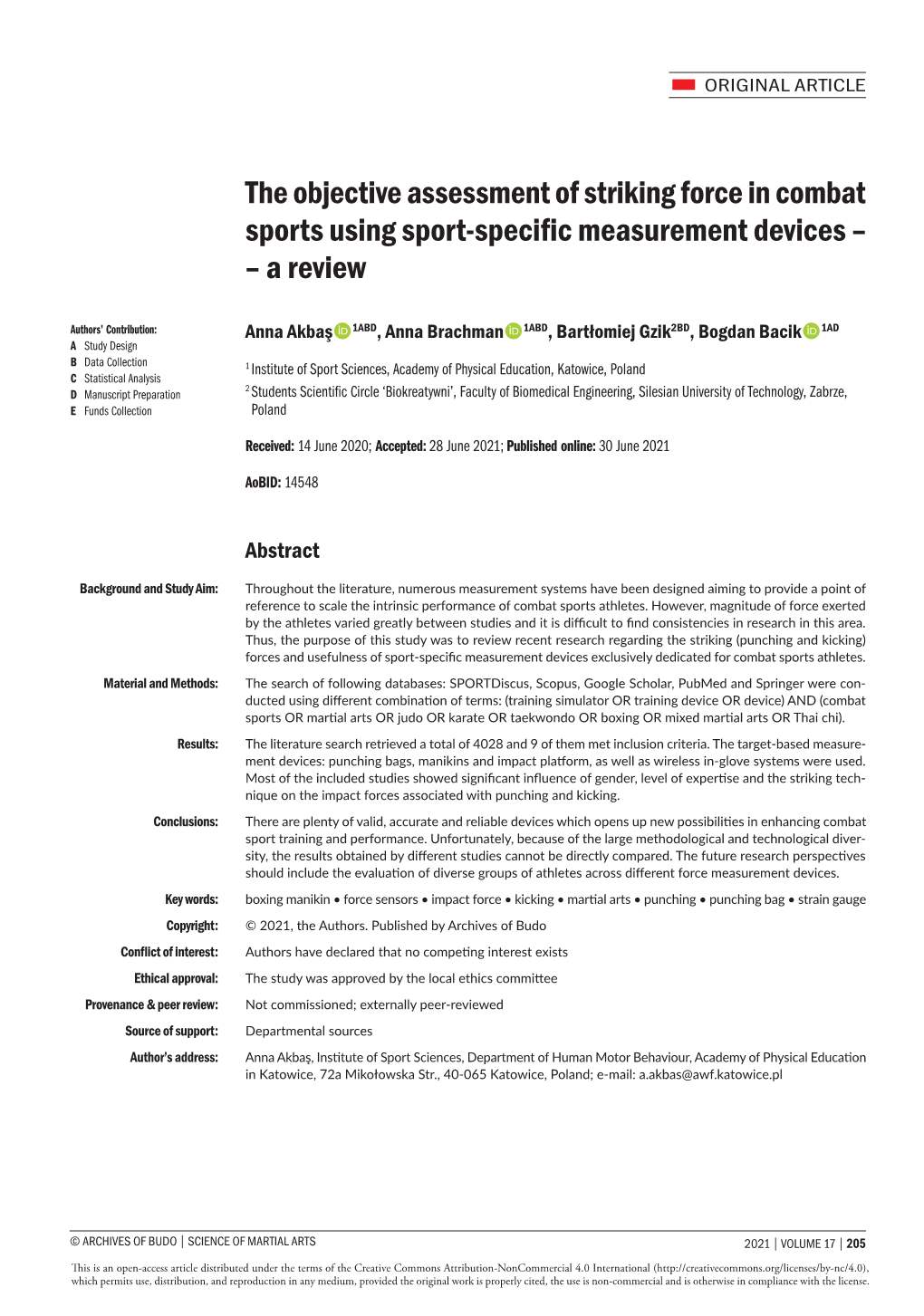 The Objective Assessment of Striking Force in Combat Sports Using Sport-Specific Measurement Devices – – a Review