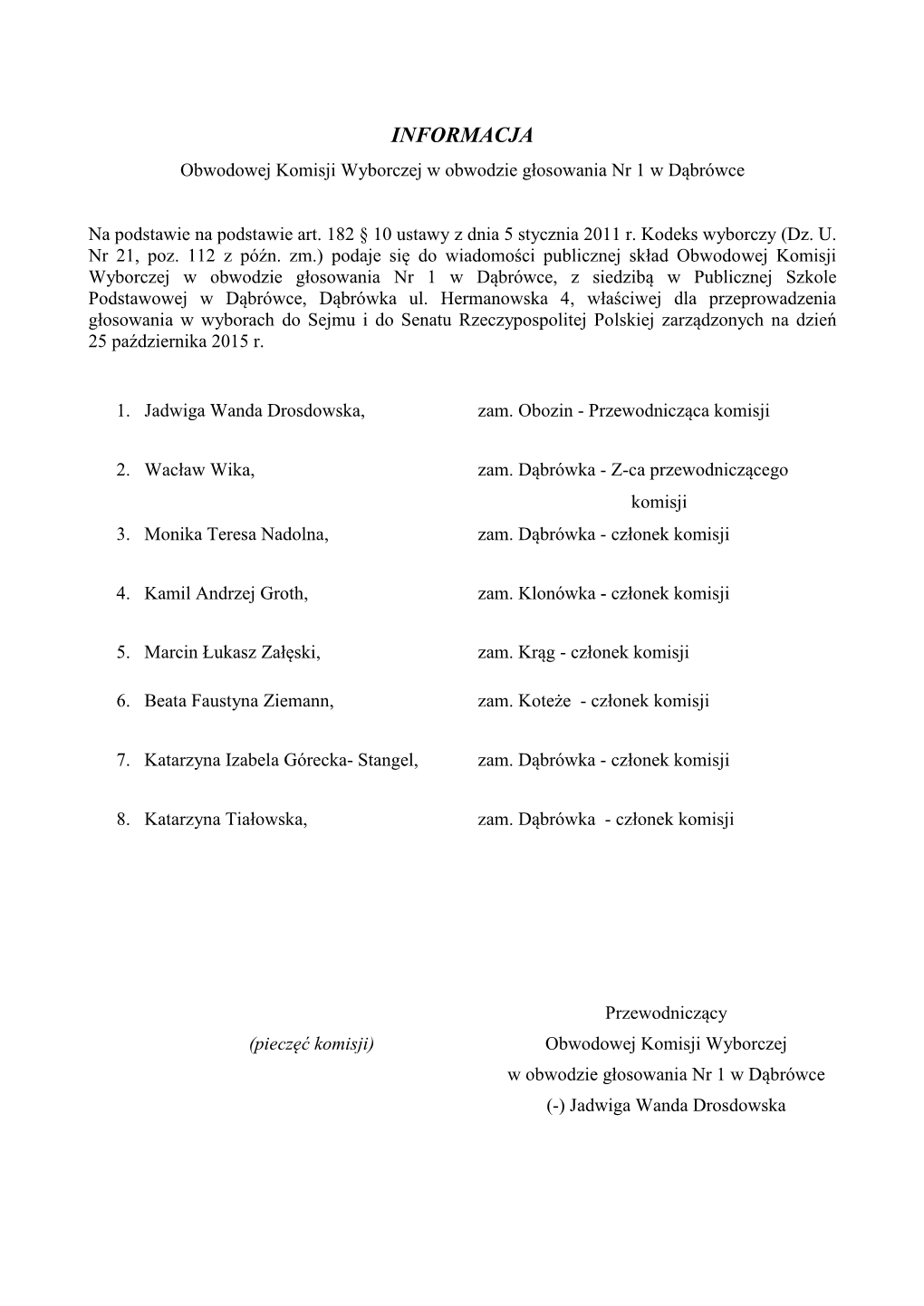Obwodowej Komisji Wyborczej W Obwodzie Głosowania Nr 1 W Dąbrówce