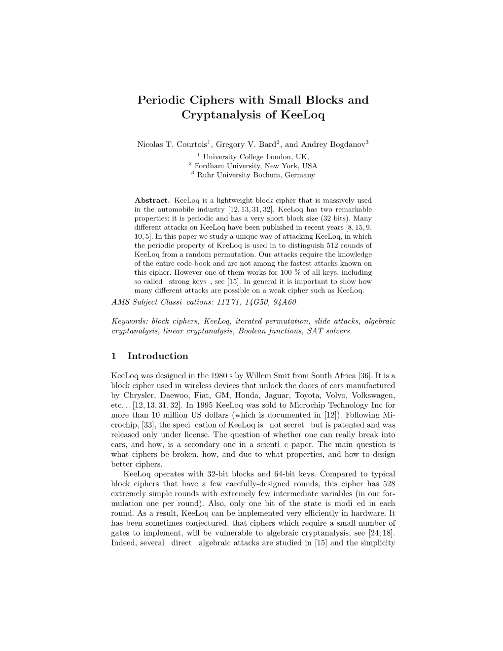 Periodic Ciphers with Small Blocks and Cryptanalysis of Keeloq