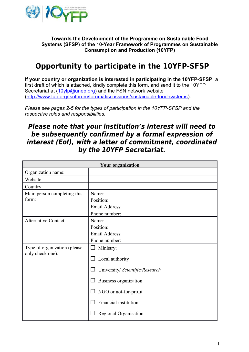 Opportunity to Participate in the 10YFP-SFSP