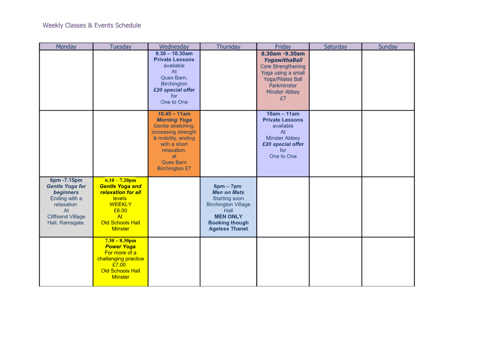 Weekly Classes & Events Schedule