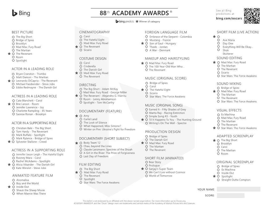 88 ACADEMY AWARDS Predictions At: Bing.Com/Oscars Winner of Category