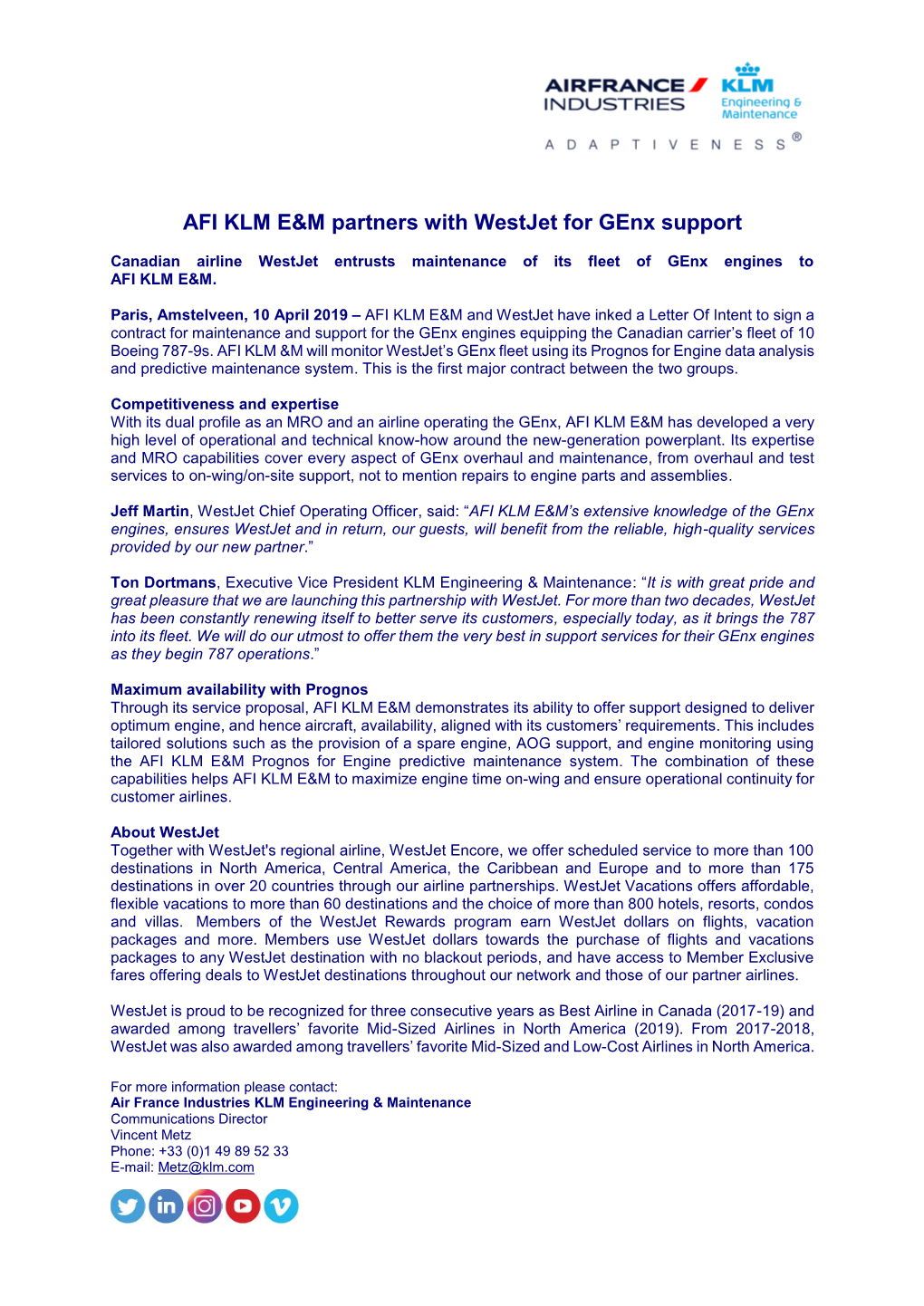 AFI KLM E&M Partners with Westjet for Genx Support