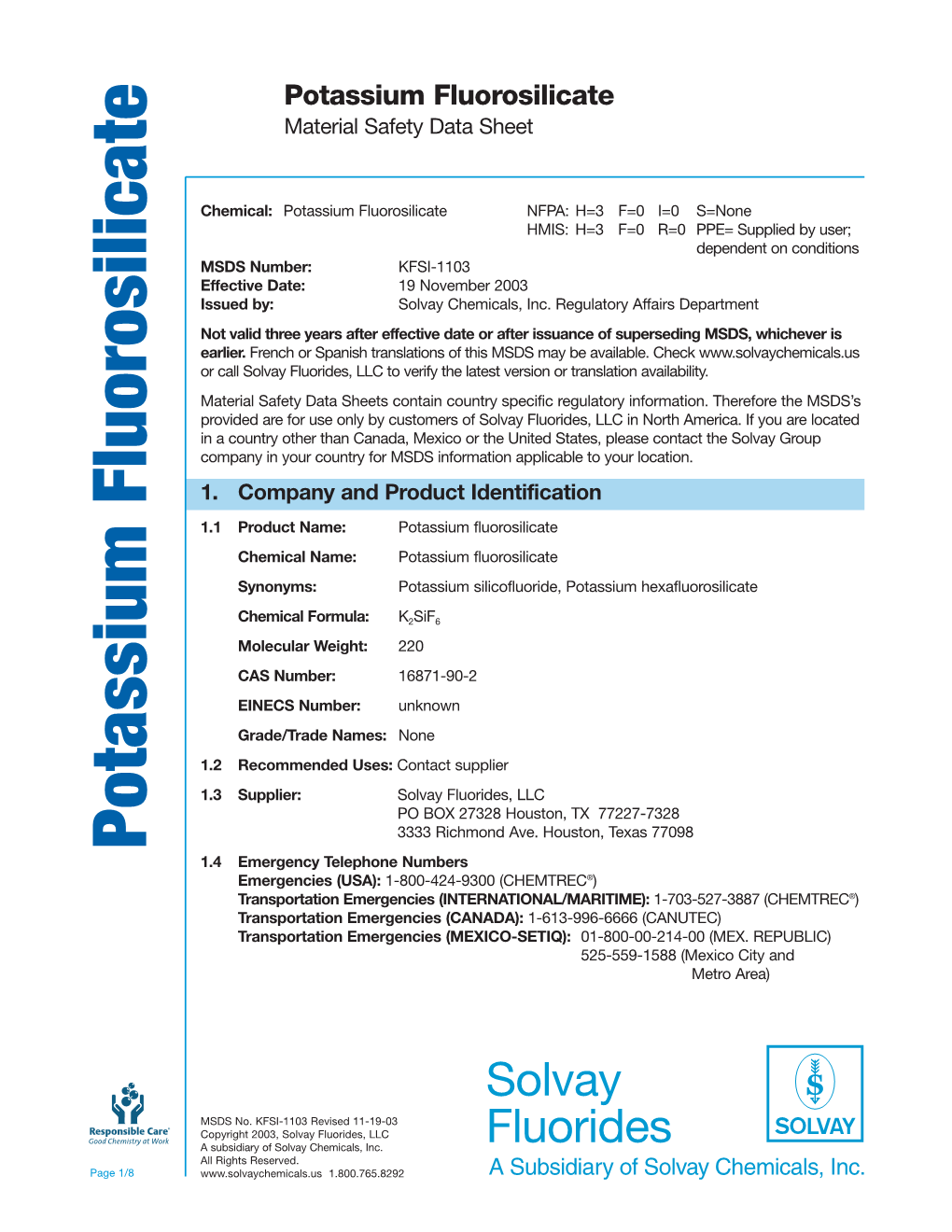 Potassium Fluorosilicate Material Safety Data Sheet