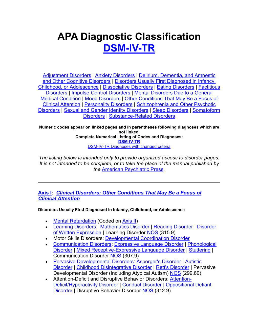 APA Diagnostic Classification DSM-IV-TR