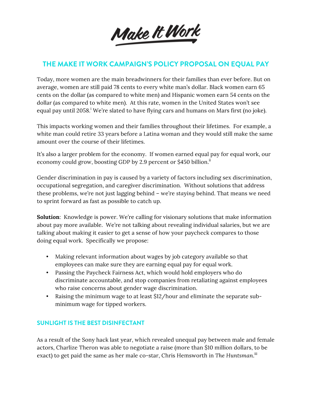 The Make It Work Campaign's Policy Proposal on Equal