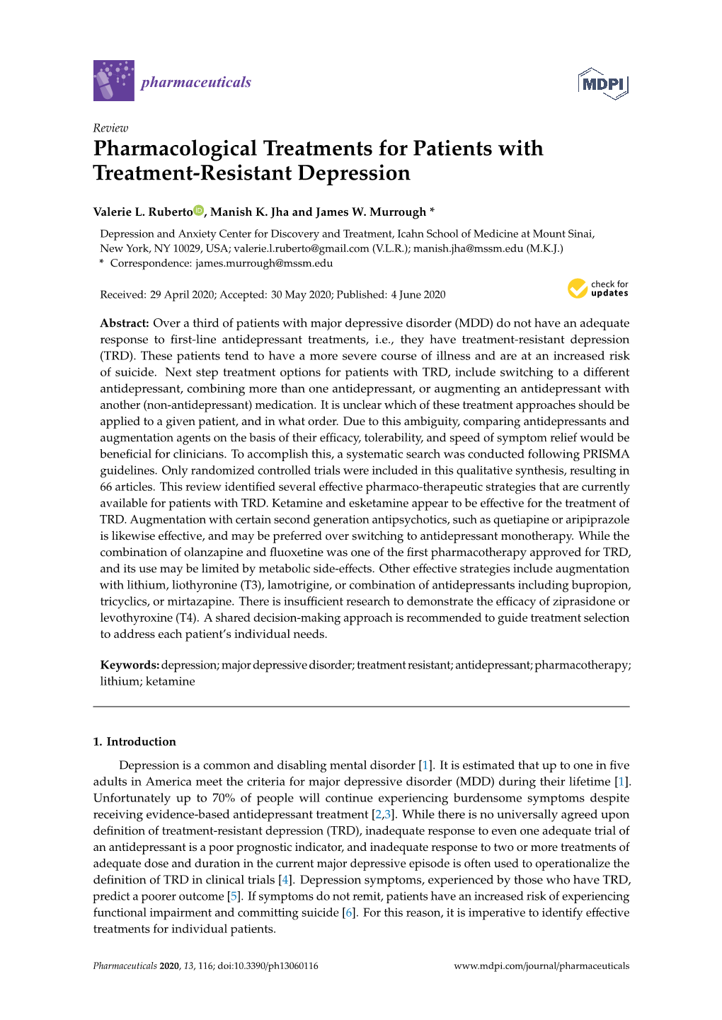 Pharmacological Treatments for Patients with Treatment-Resistant Depression