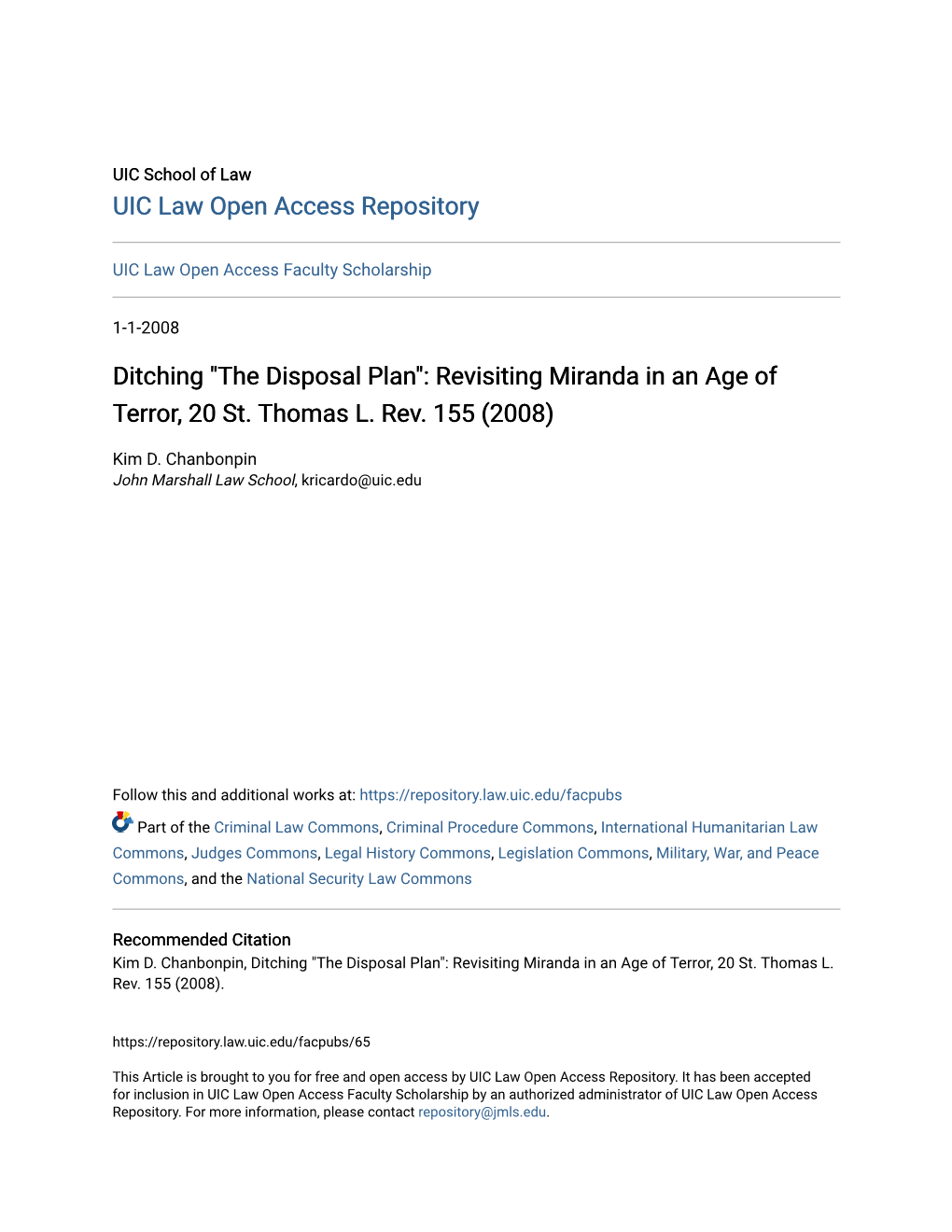 "The Disposal Plan": Revisiting Miranda in an Age of Terror, 20 St