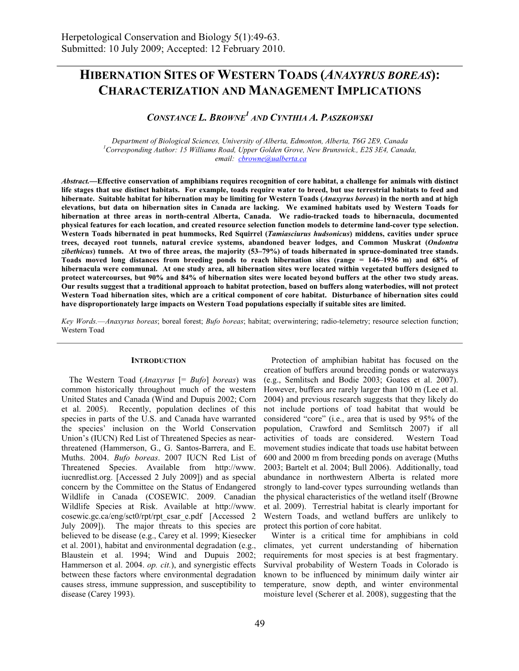 Hibernation Sites of Western Toads (Anaxyrus Boreas): Characterization and Management Implications