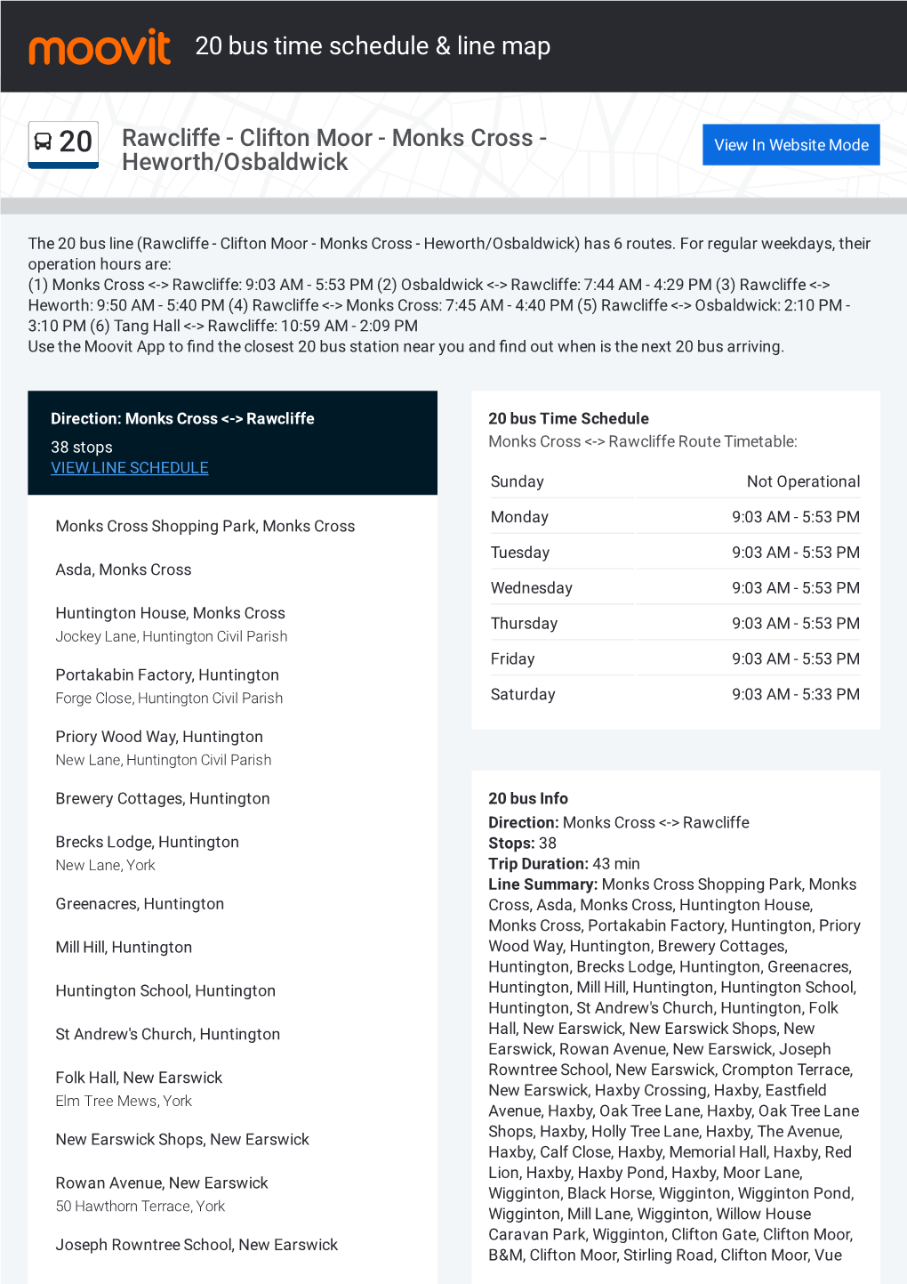 20 Bus Time Schedule & Line Route