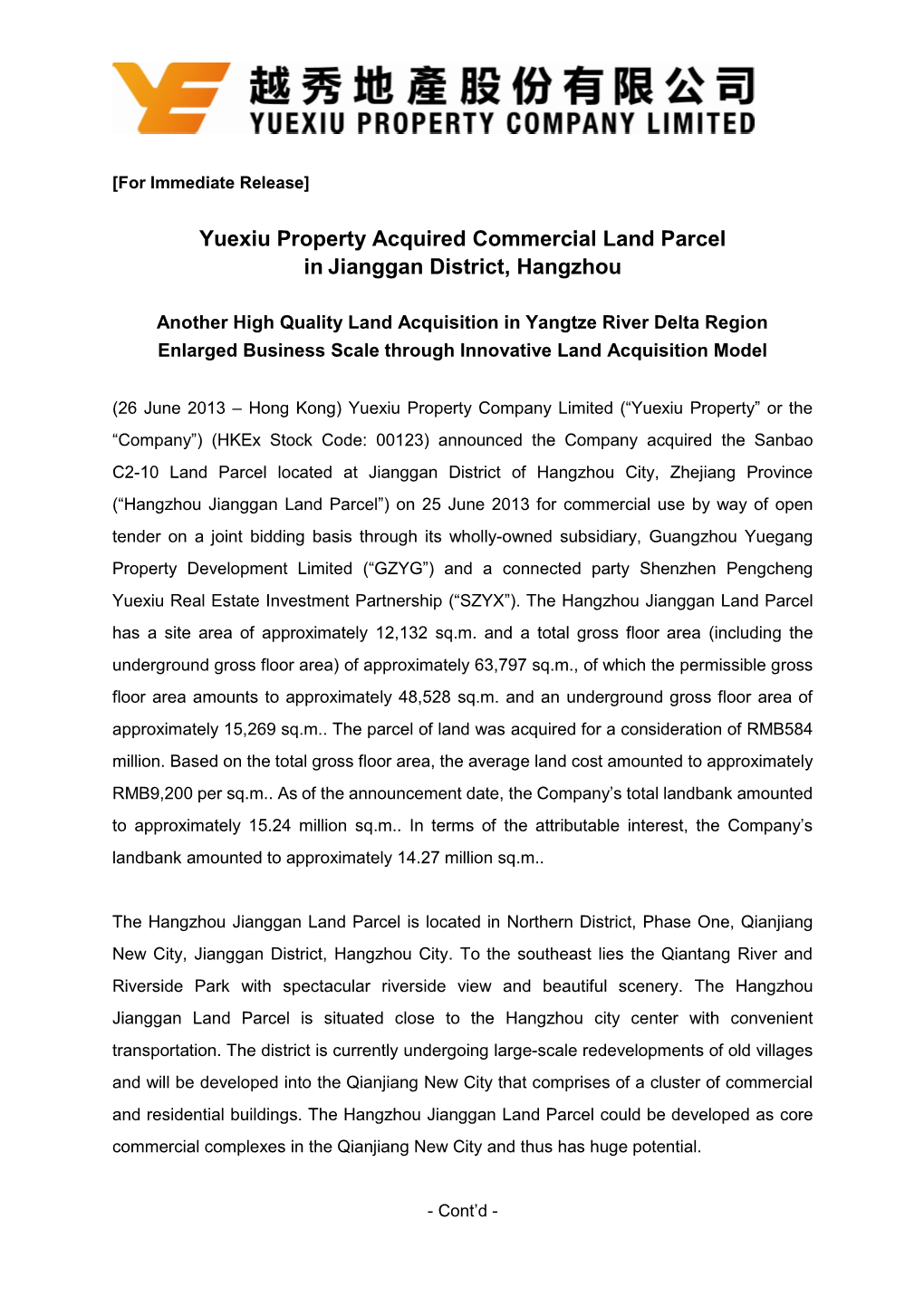 Yuexiu Property Acquired Commercial Land Parcel in Jianggan District, Hangzhou