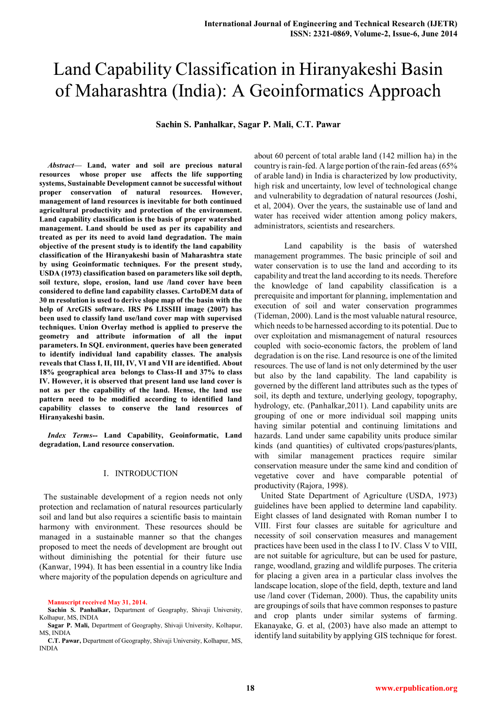 Land Capability Classification in Hiranyakeshi Basin of Maharashtra (India): a Geoinformatics Approach