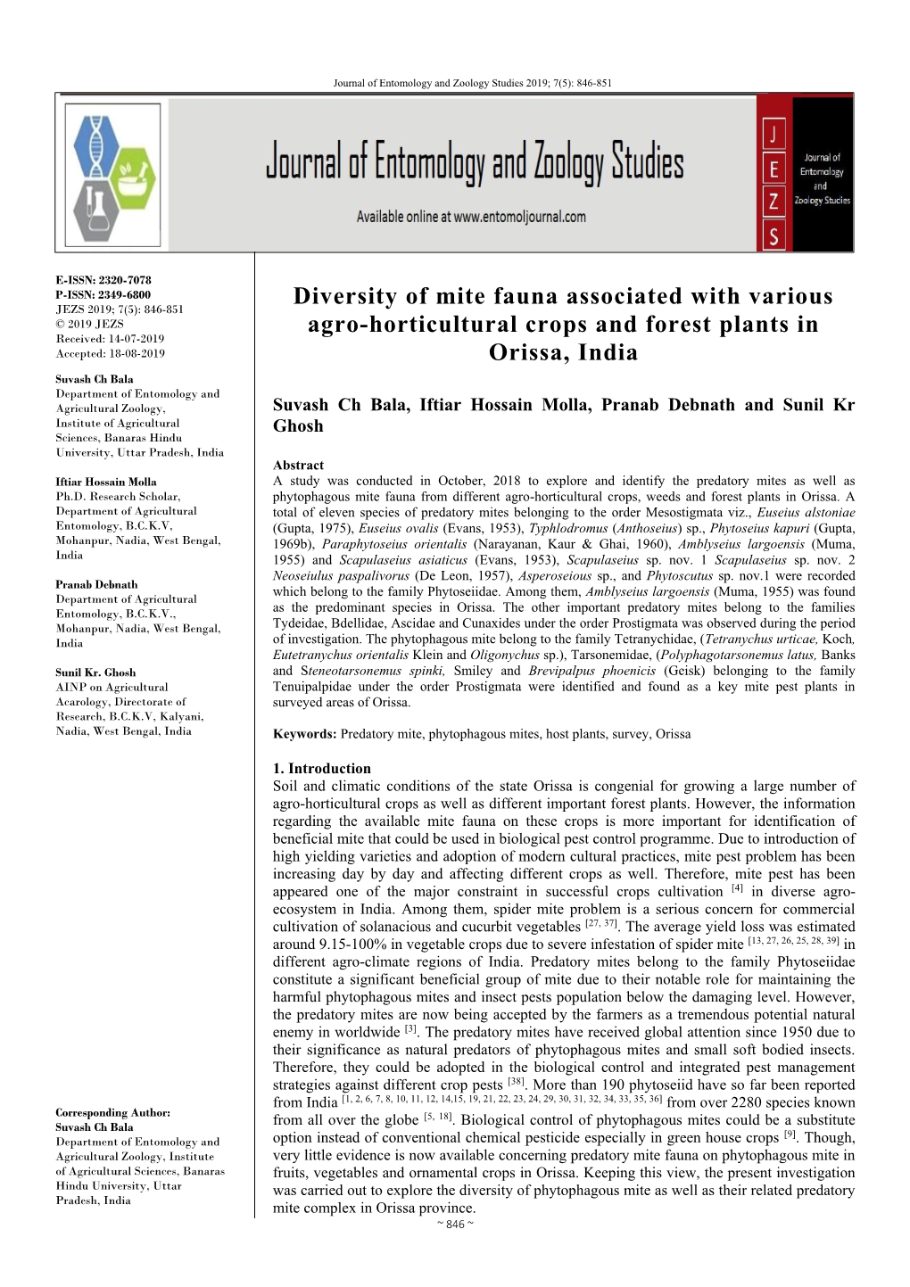Diversity of Mite Fauna Associated with Various Agro-Horticultural Crops