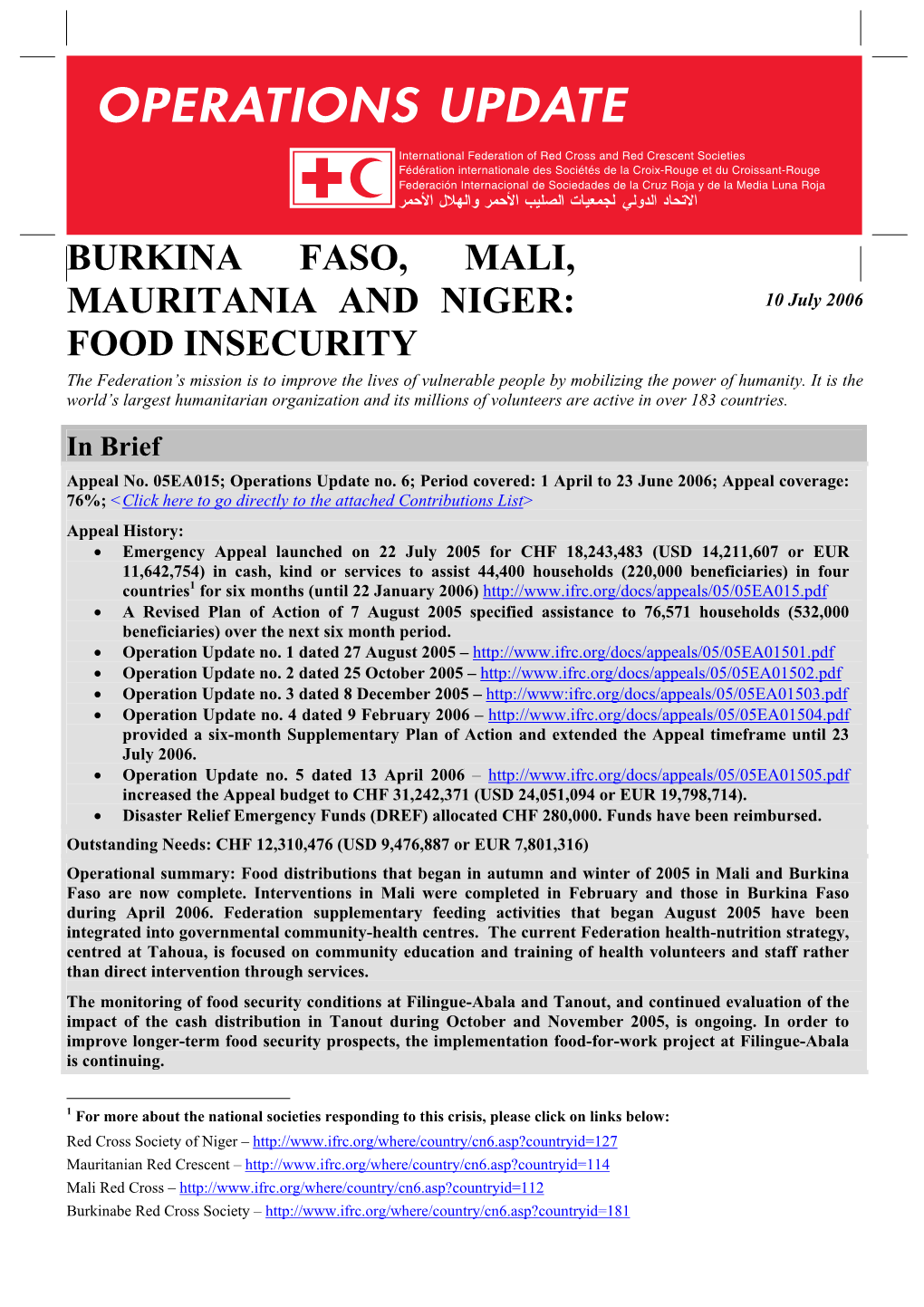 Burkina Faso, Mali, Mauritania and Niger: Food Insecurity; Appeal No