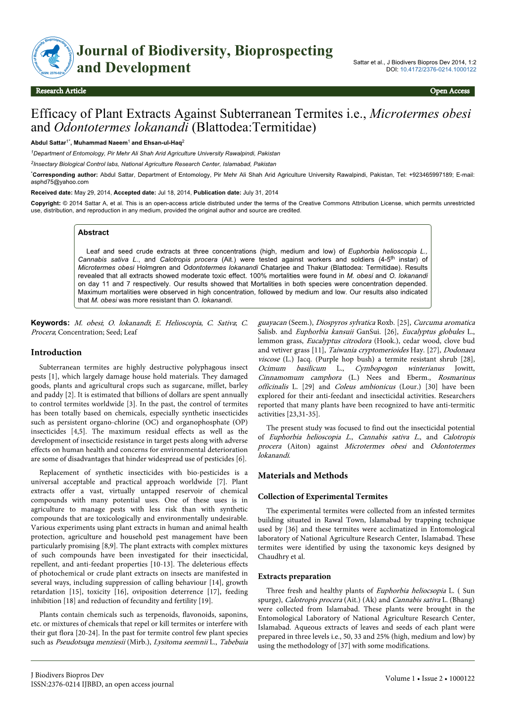 Efficacy of Plant Extracts Against Subterranean Termites I.E