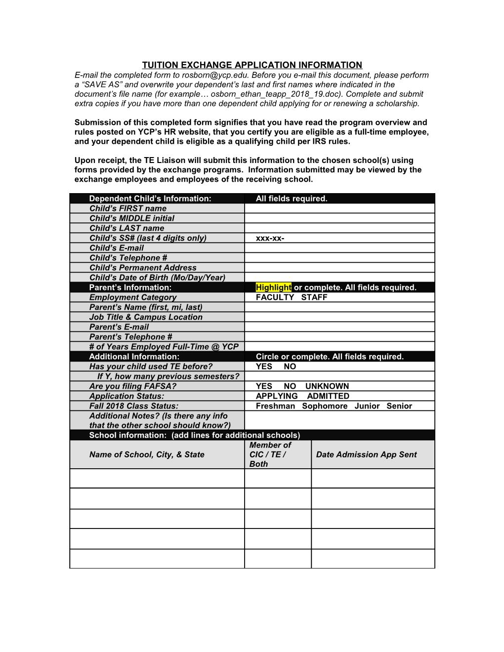 Tuition Exchange Application Questionnaire