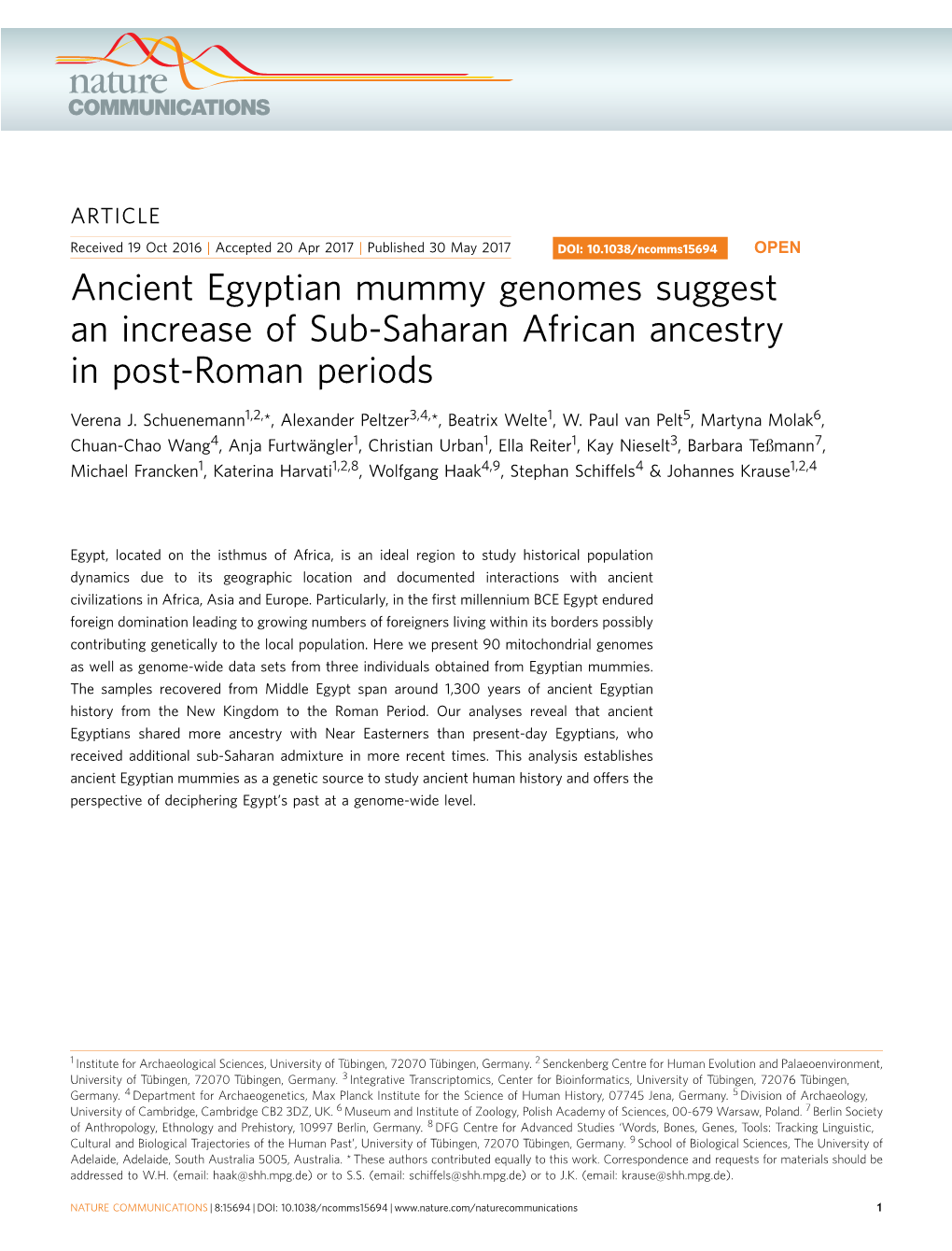 Ancient Egyptian Mummy Genomes Suggest an Increase of Sub-Saharan African Ancestry in Post-Roman Periods