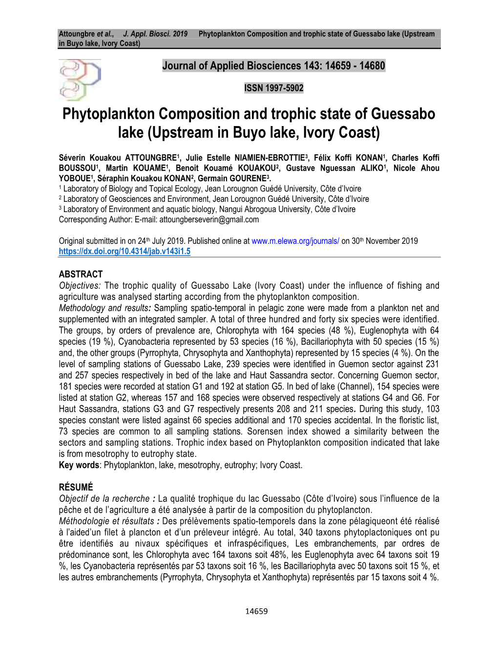 Phytoplankton Composition and Trophic State of Guessabo Lake (Upstream in Buyo Lake, Ivory Coast)