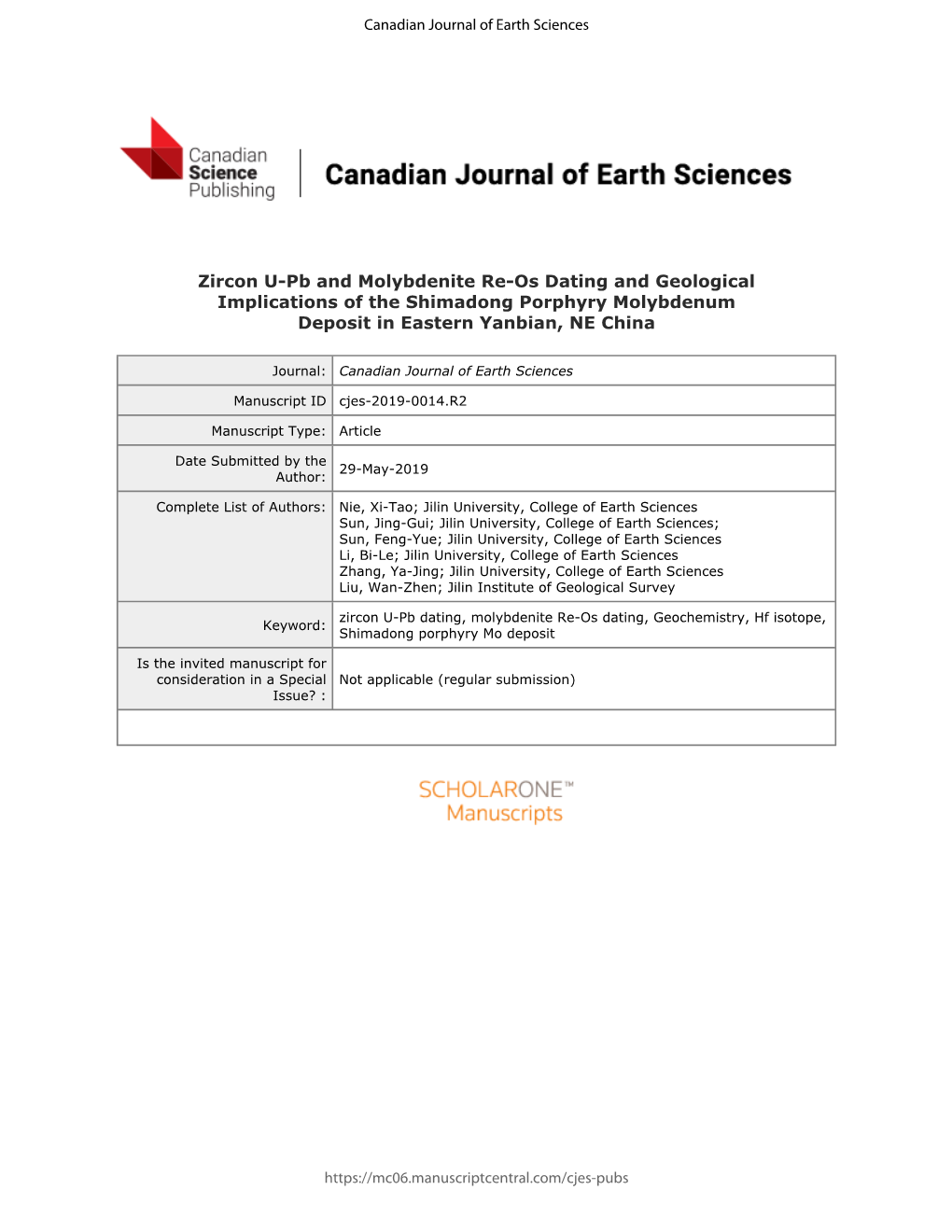 Zircon U-Pb and Molybdenite Re-Os Dating and Geological Implications of the Shimadong Porphyry Molybdenum Deposit in Eastern Yanbian, NE China