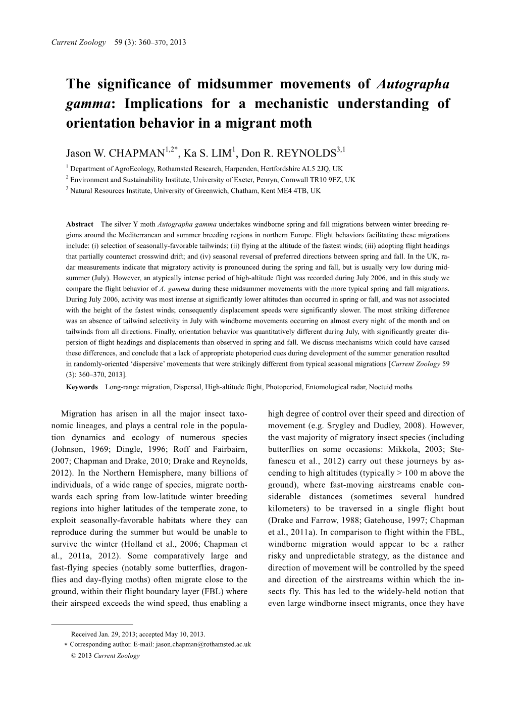 The Significance of Midsummer Movements of Autographa Gamma: Implications for a Mechanistic Understanding of Orientation Behavior in a Migrant Moth