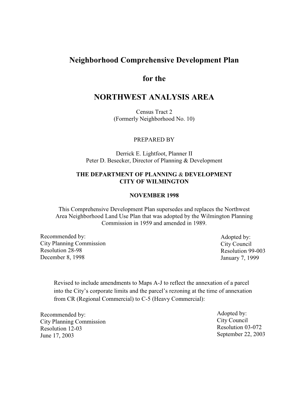 Neighborhood Comprehensive Development Plan for the NORTHWEST ANALYSIS AREA