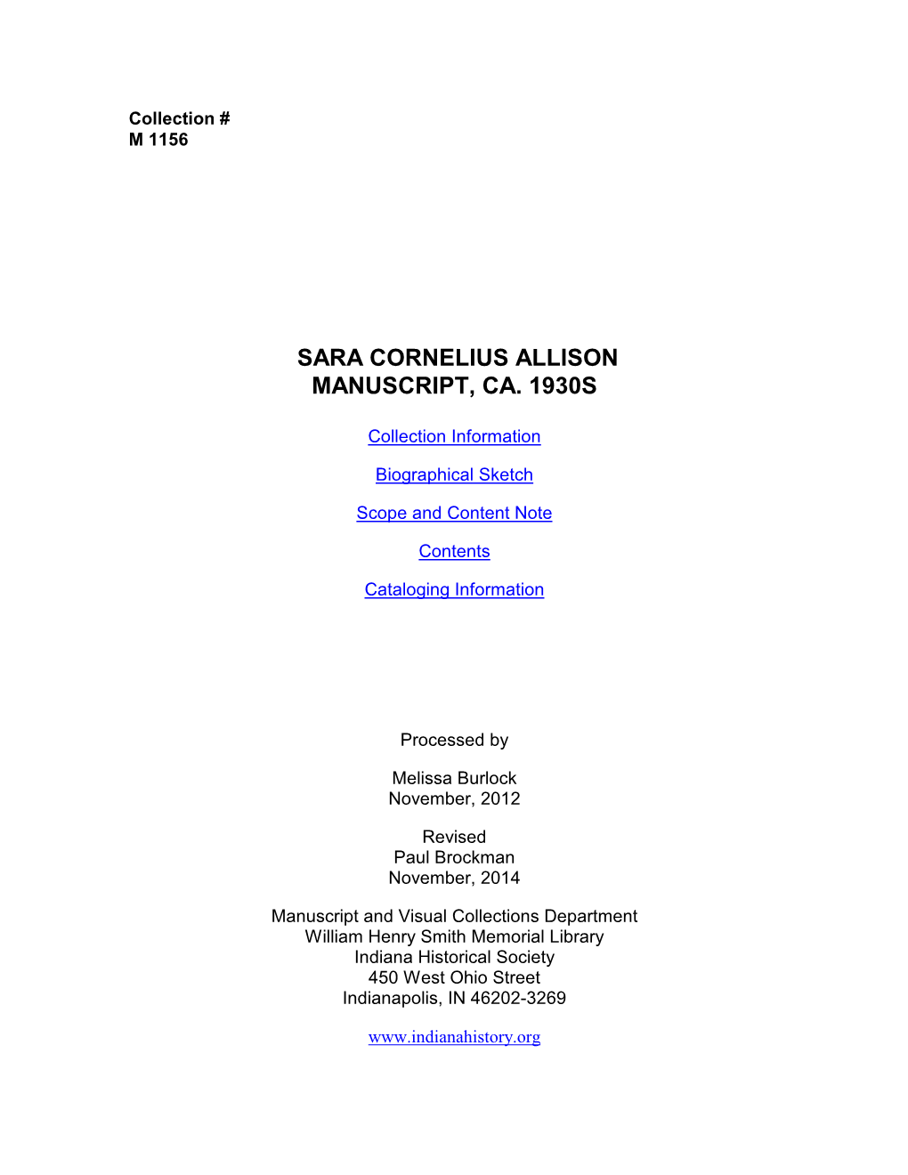 Sara Cornelius Allison Manuscript, Ca