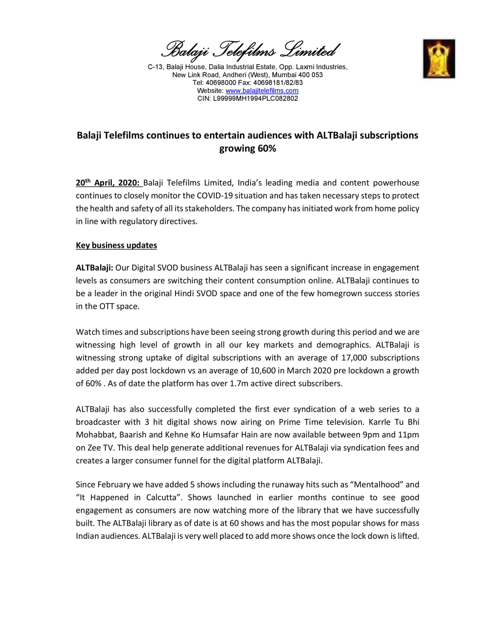 Press Release 20.04.2020 – Balaji Telefilms Continues to Entertain