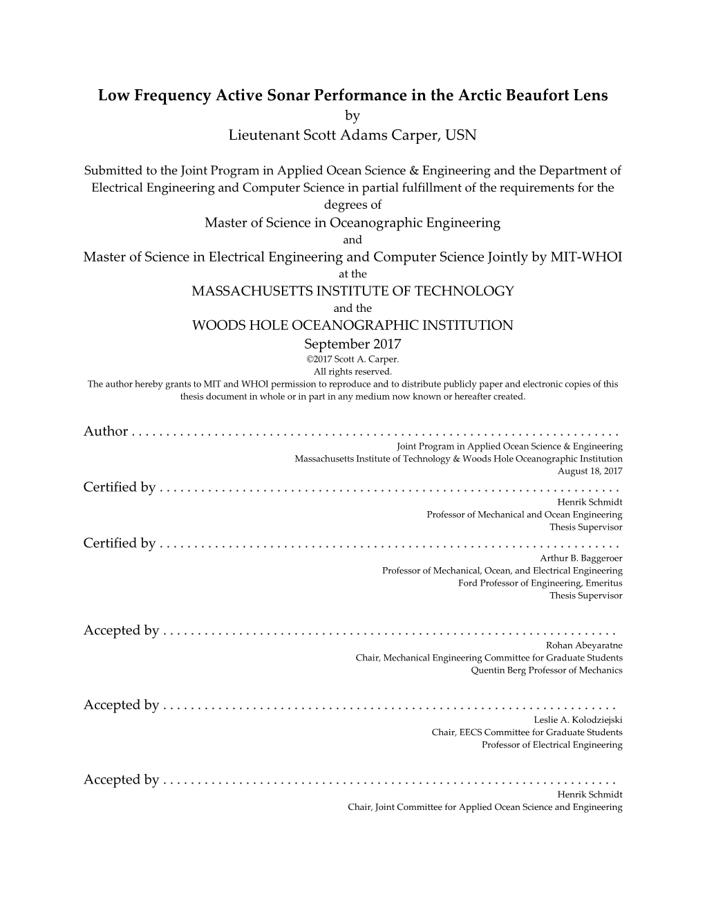 Low Frequency Active Sonar Performance in the Arctic Beaufort Lens by Lieutenant Scott Adams Carper, USN