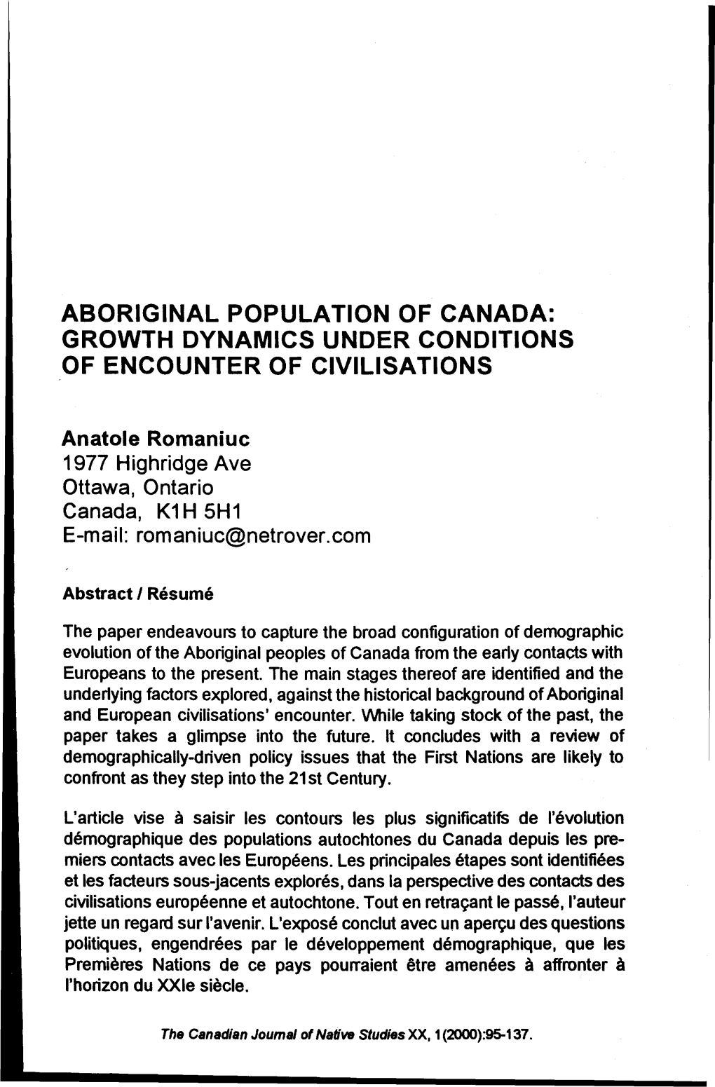 Aboriginal Population of Canada: Growth Dynamics Under Conditions of Encounter of Civilisations